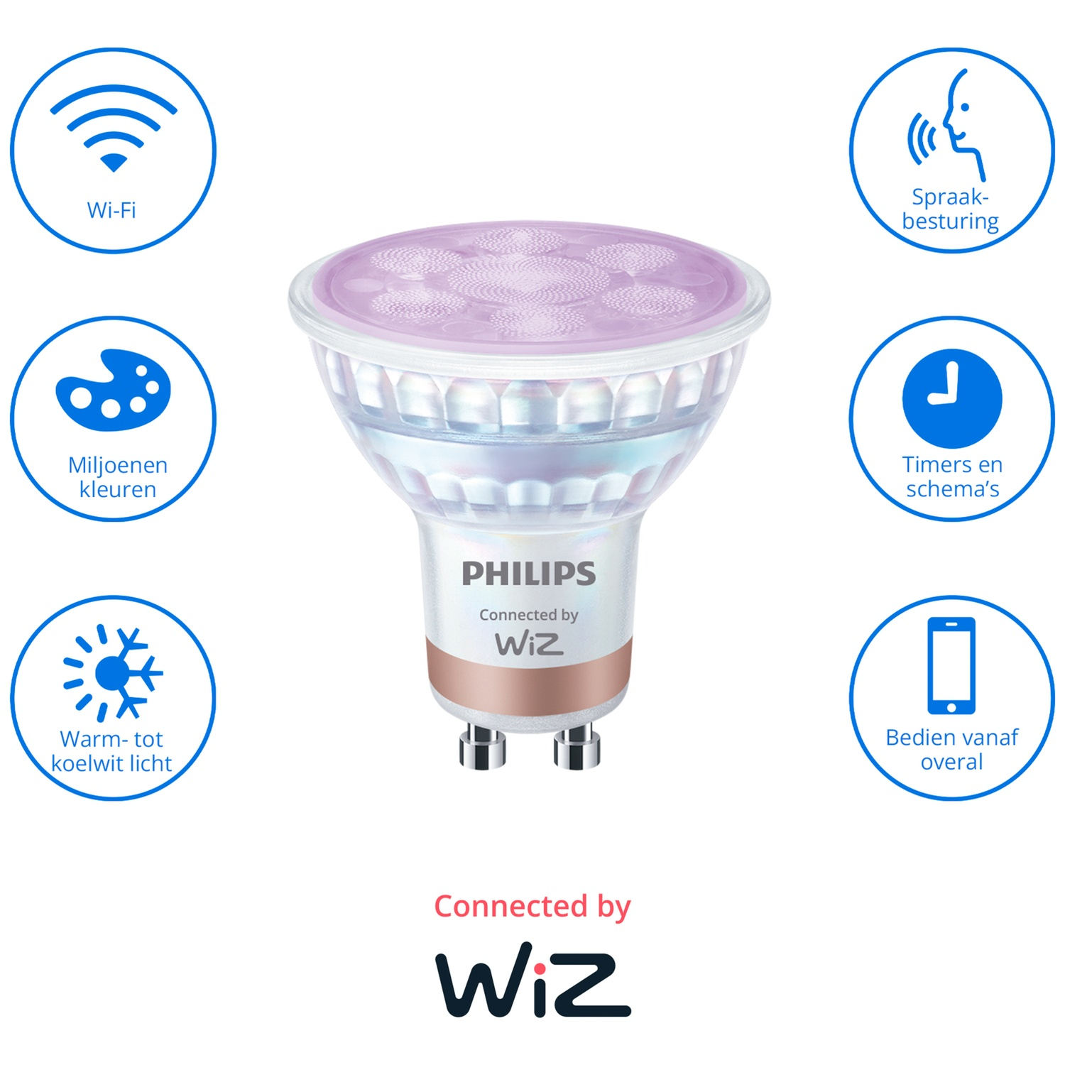 Philips Wiz Smart Bulb: Wi-Fi, colors, light control, timers, voice control.
