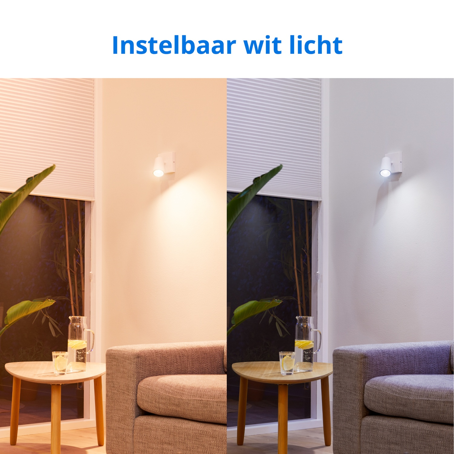 A wall light with two different light colors above a sofa and a table with water.