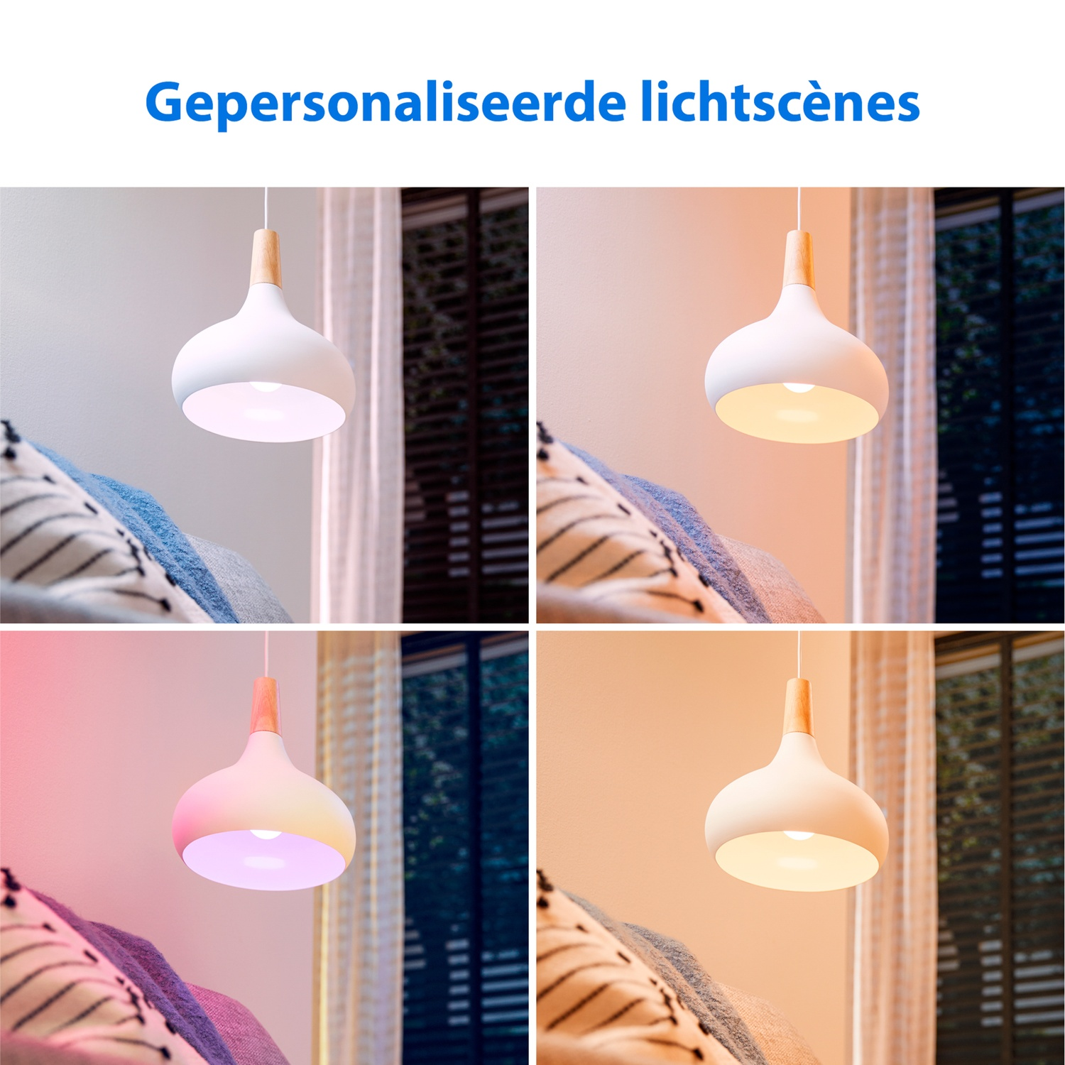Four images showing a white pendant lamp with wood accent in different light settings.