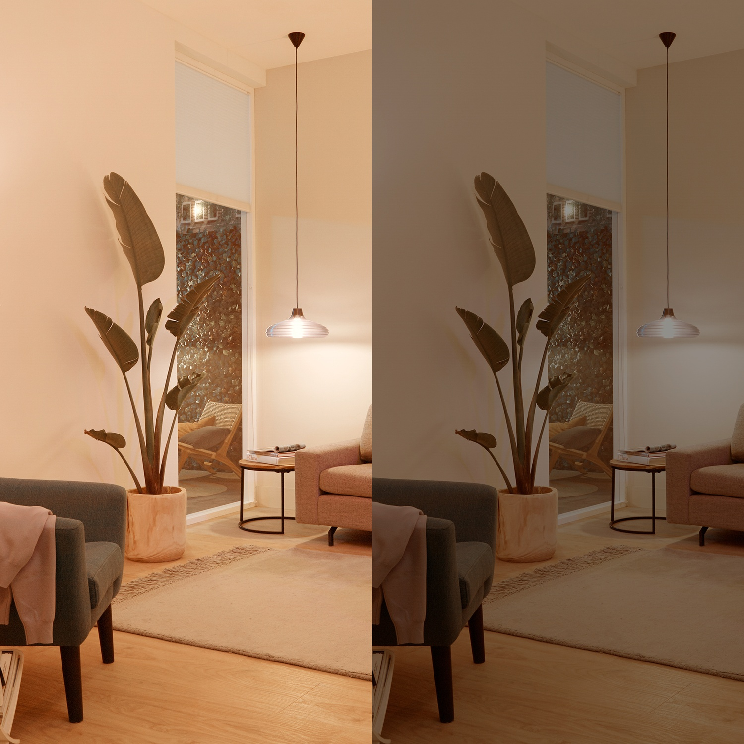Salon avec deux fauteuils, une table d'appoint et une suspension.