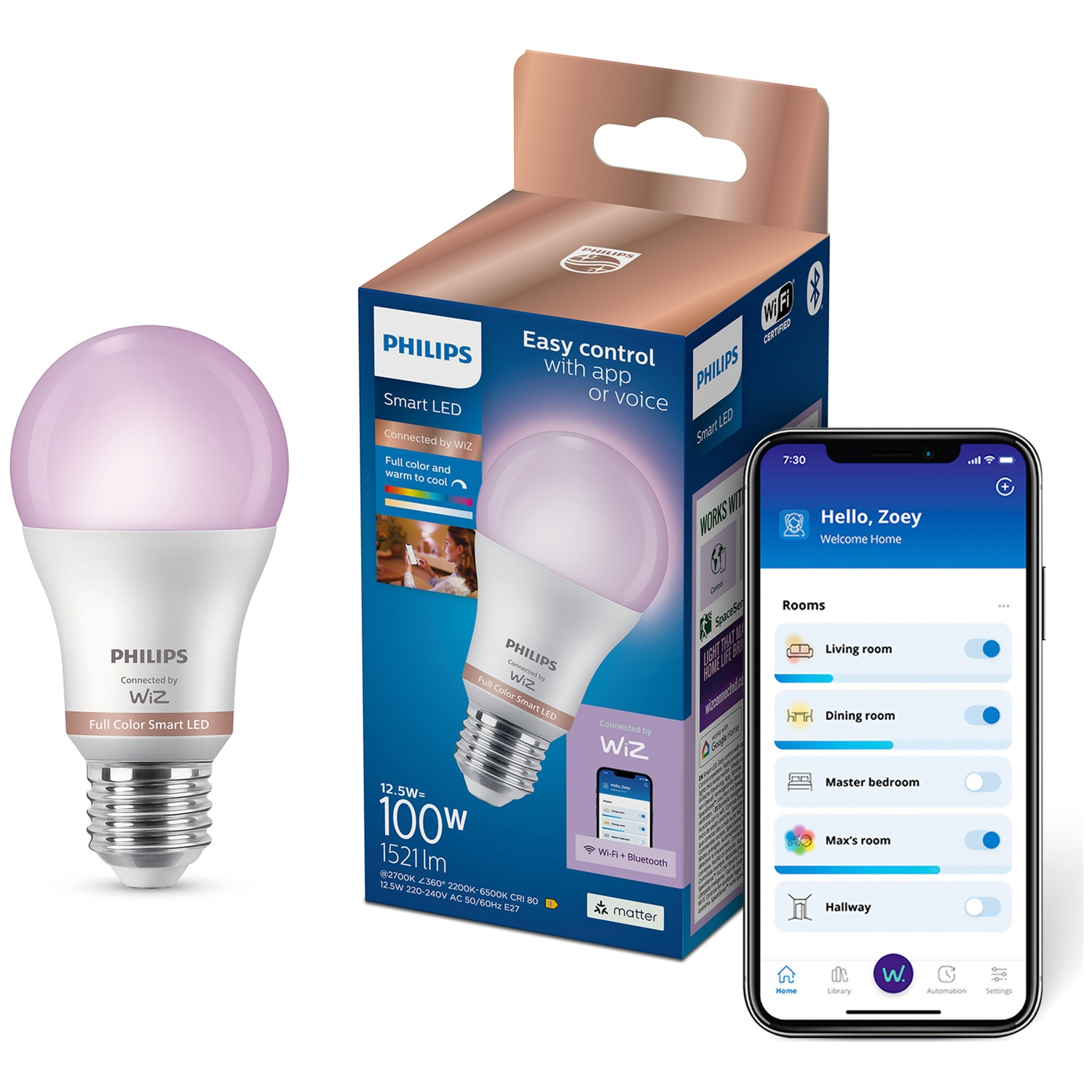 Ampoule LED intelligente Philips, emballage et application smartphone montrant des pièces.