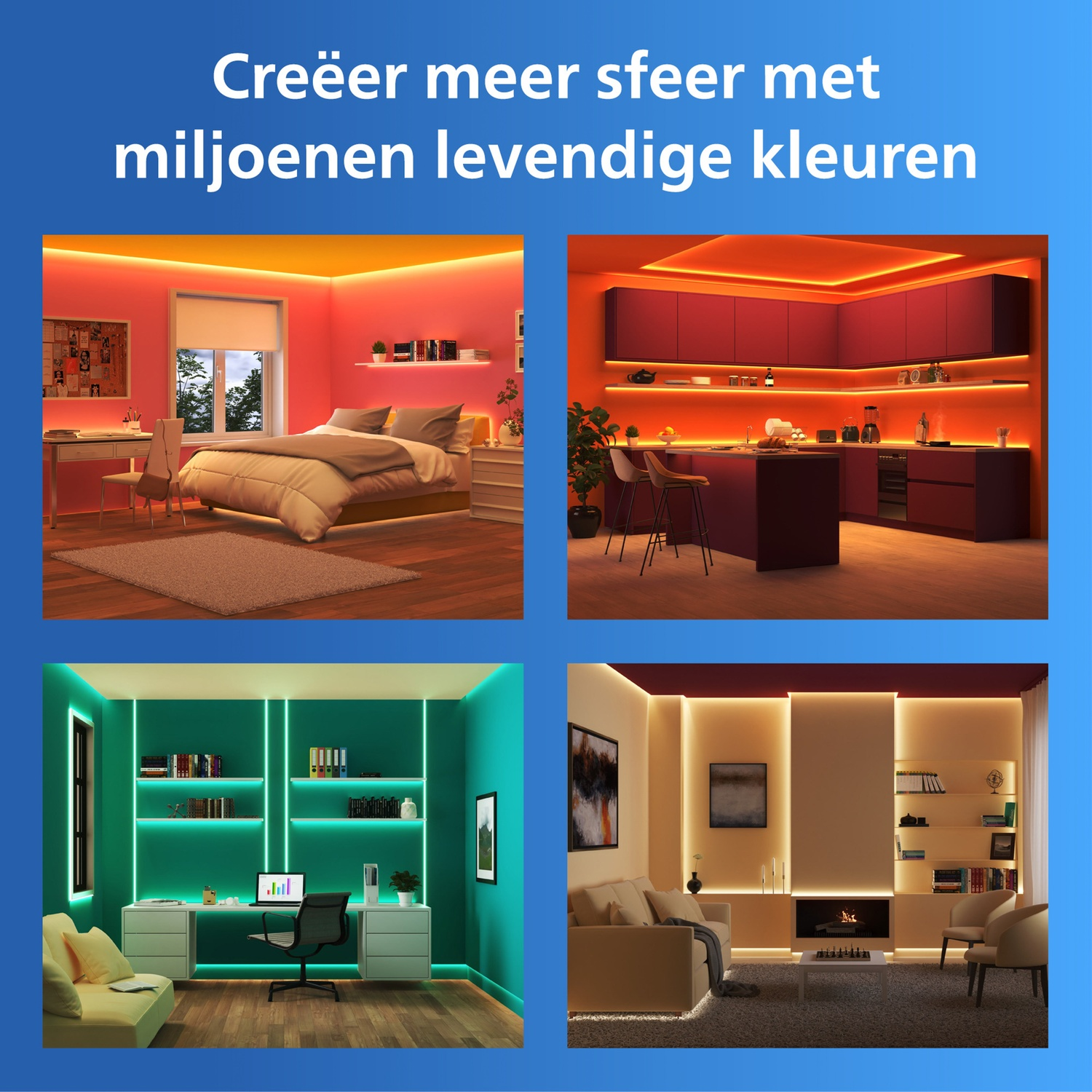 Collage of four rooms with colorful LED strip lighting: bedroom, kitchen, office, living room.