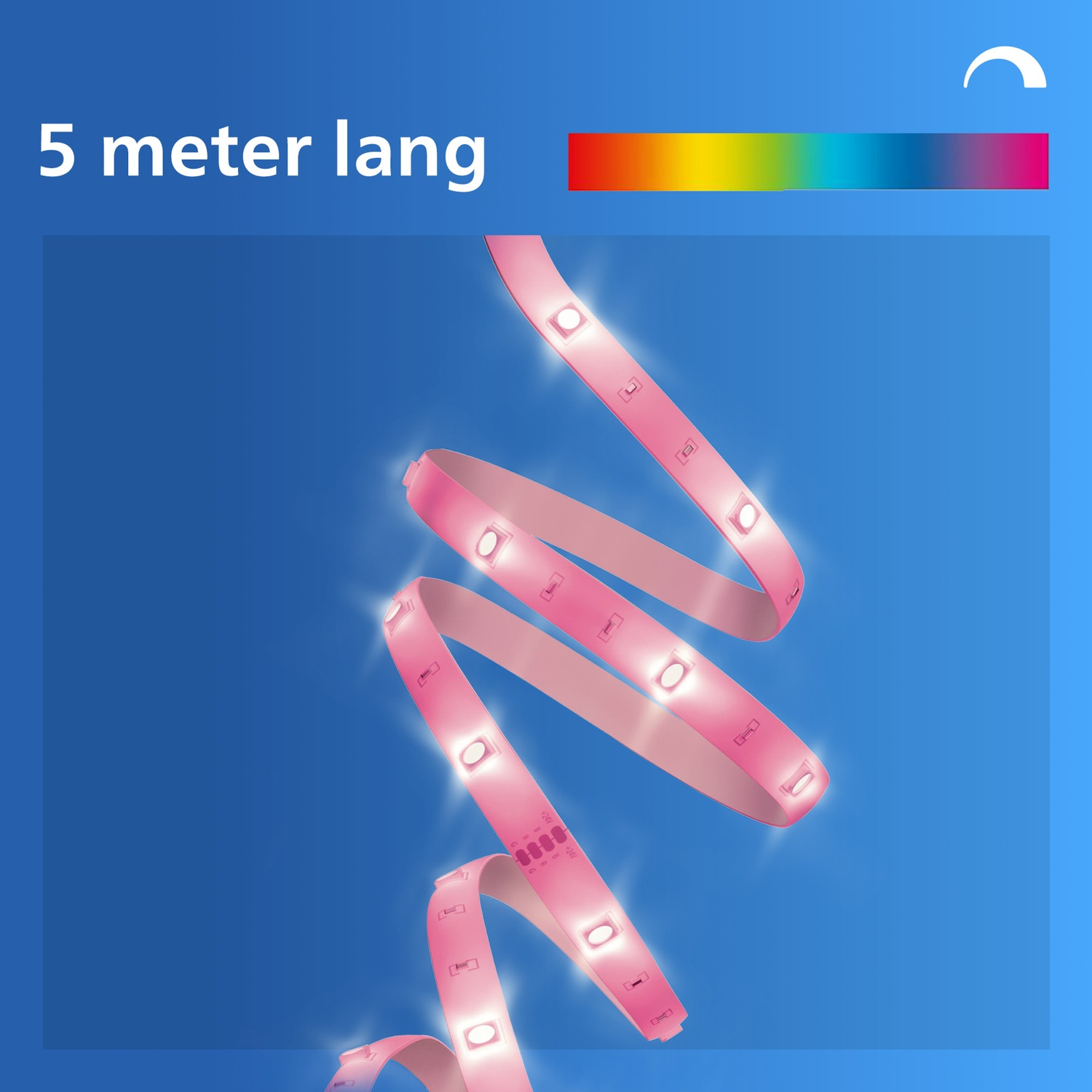 A 5-meter long, pink glowing LED light strip on a blue background.