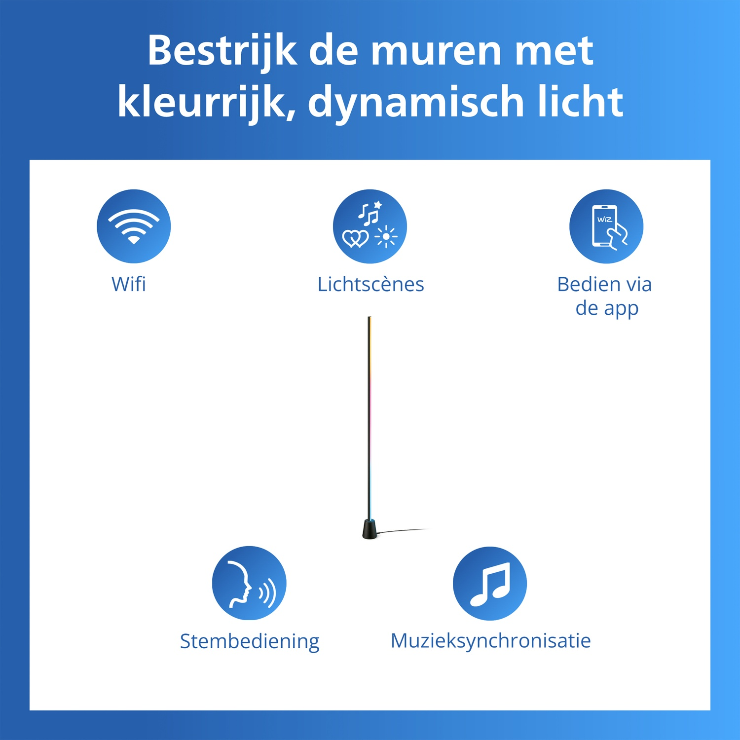 Een verticale gradiëntlamp met iconen voor Wifi, Lichtscènes, App Bediening, Spraakbediening en Muzieksynchronisatie.