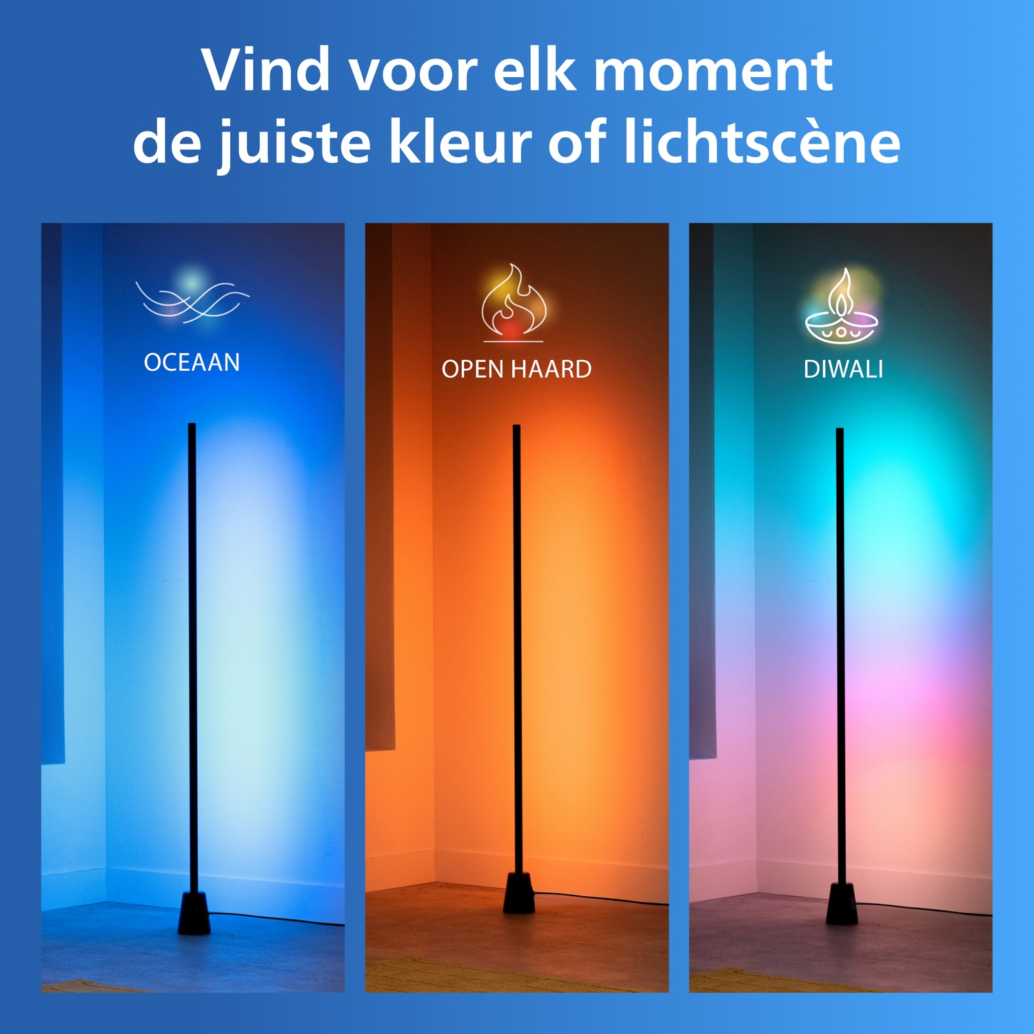 Drie staande lampen tonen verschillende lichtscènes: Oceaan blauw, Haard oranje en Diwali veelkleurig.