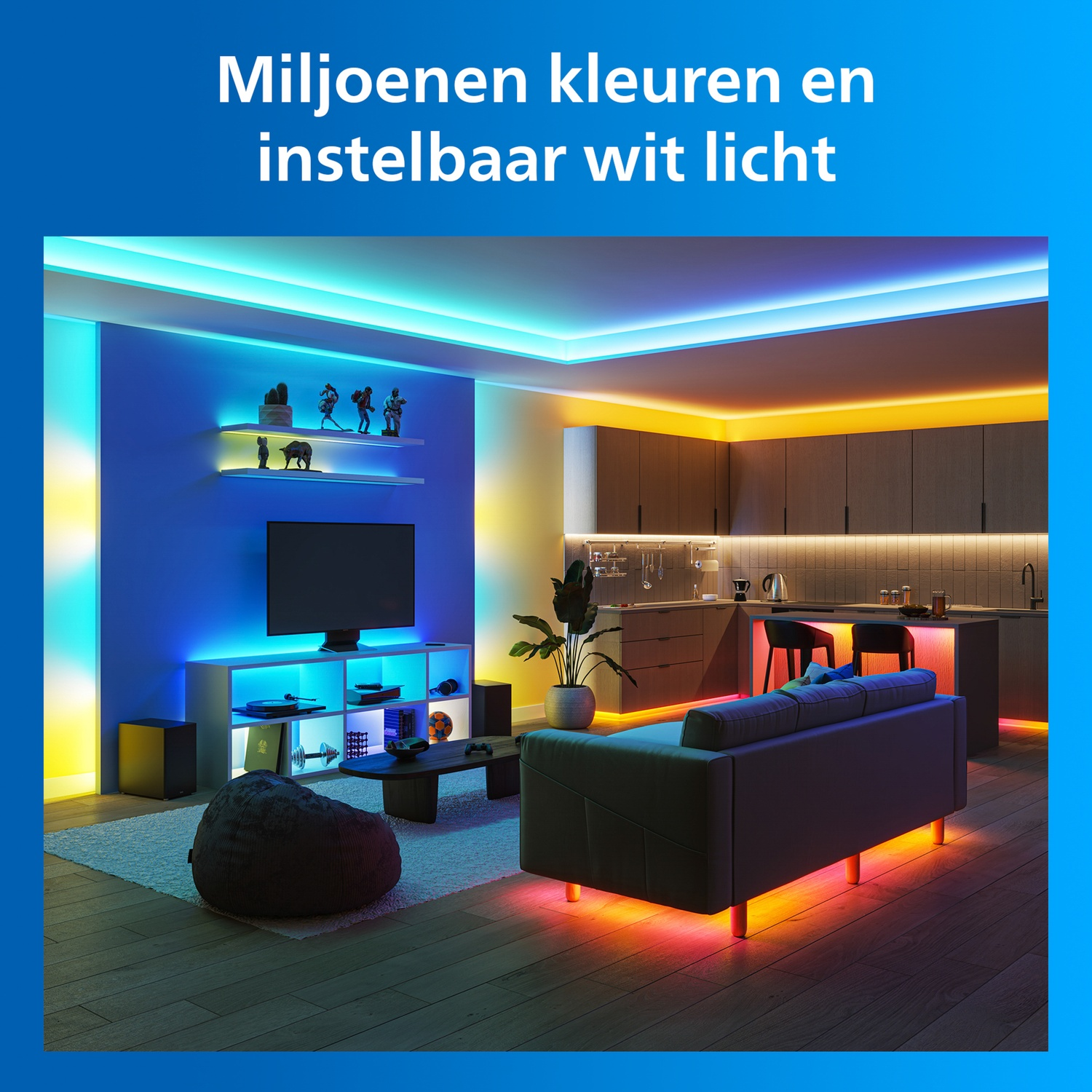 A living room with a modern kitchen, illuminated by blue and yellow LED lights.