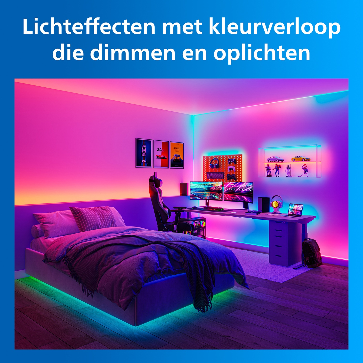 Modern bedroom with colored LED light effects, bed, desk, and computer.