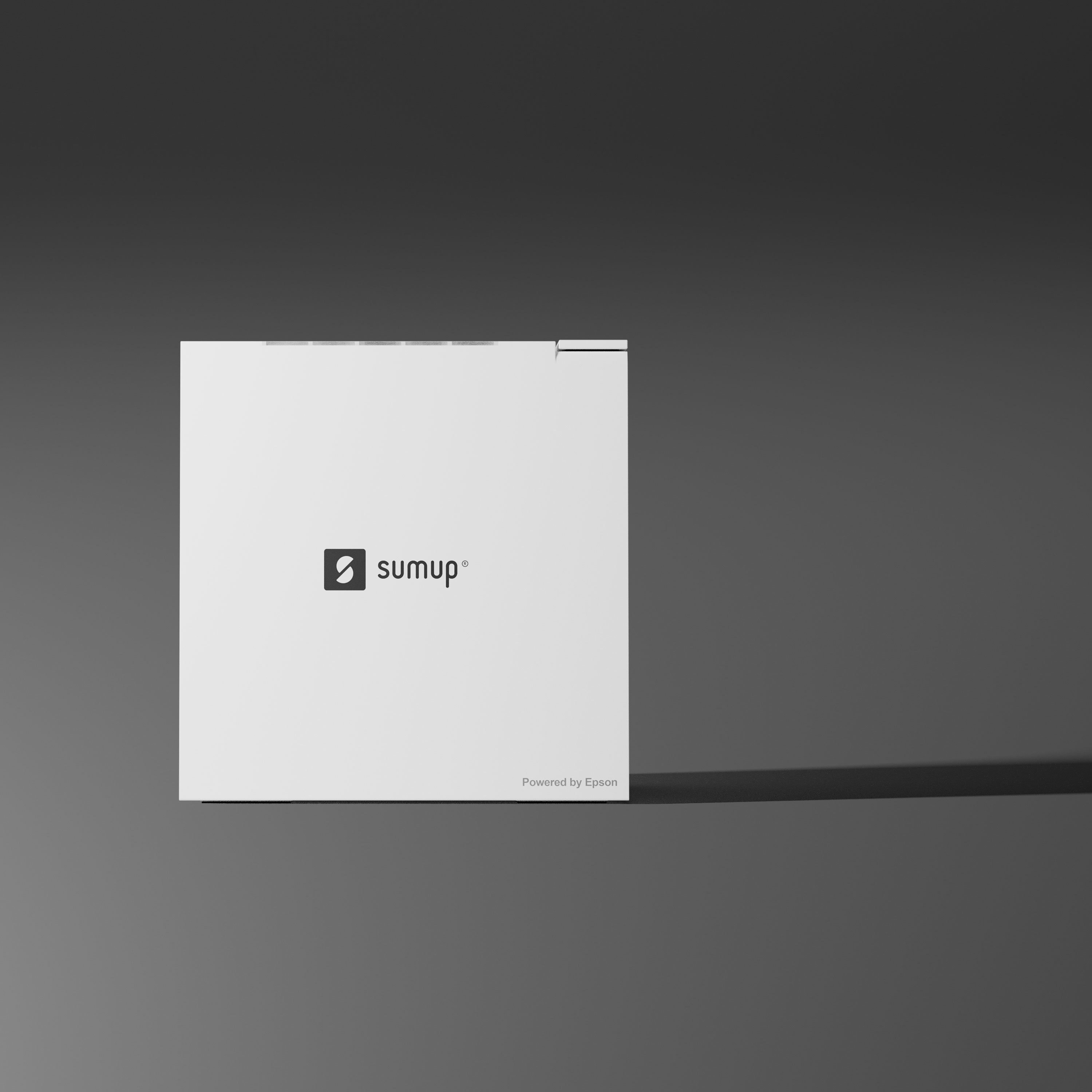 Eine weiße SumUp-Box mit einem schwarzen Logo und dem Text „Powered by Epson“.