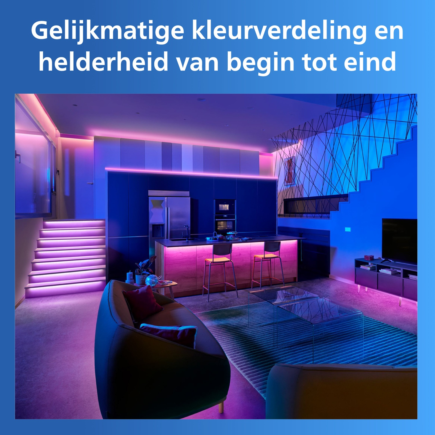 Modern living room with pink and blue LED lighting, sofa, and rug.