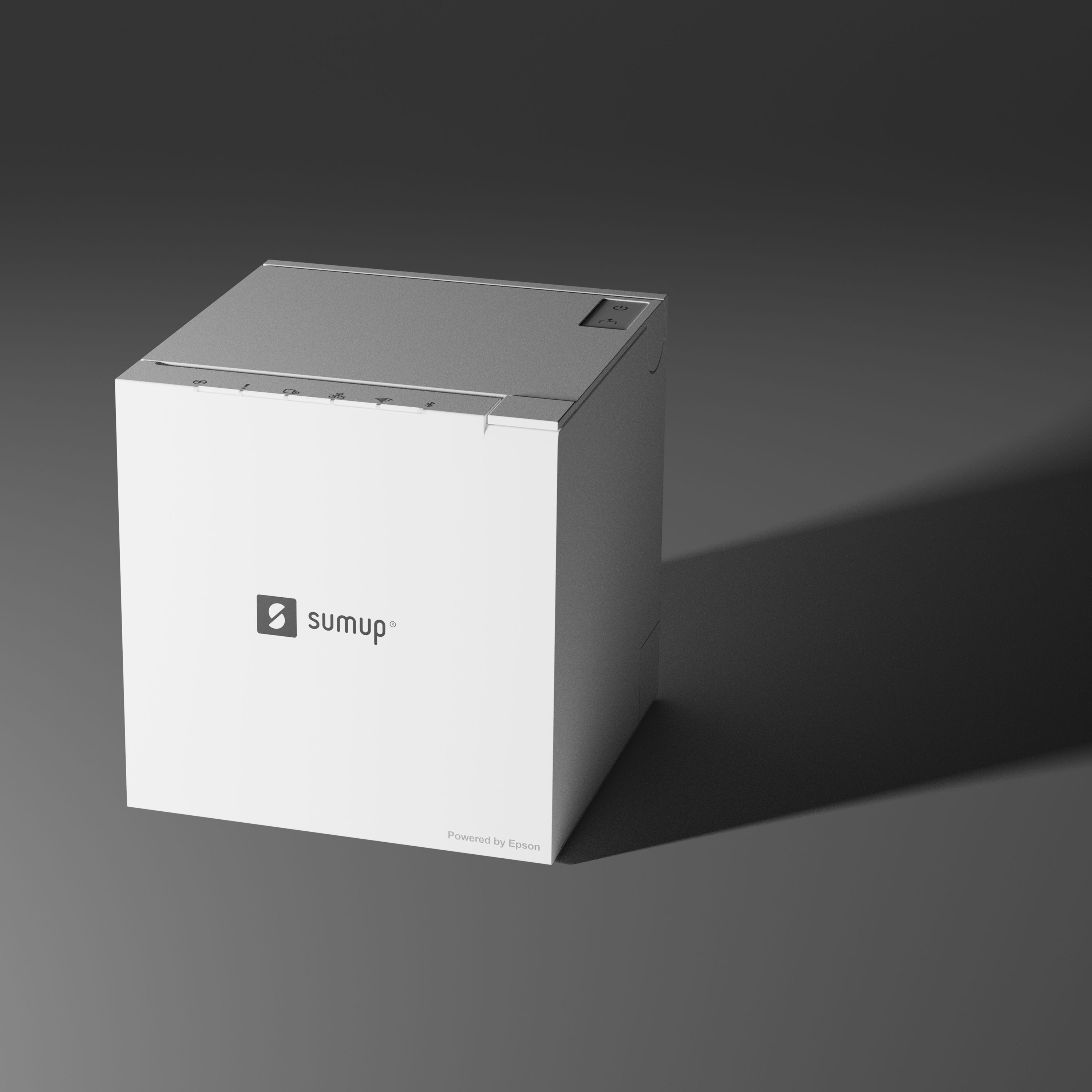 Ein weißer SumUp-Drucker mit einem silbernen Deckel steht auf dunklem Hintergrund.