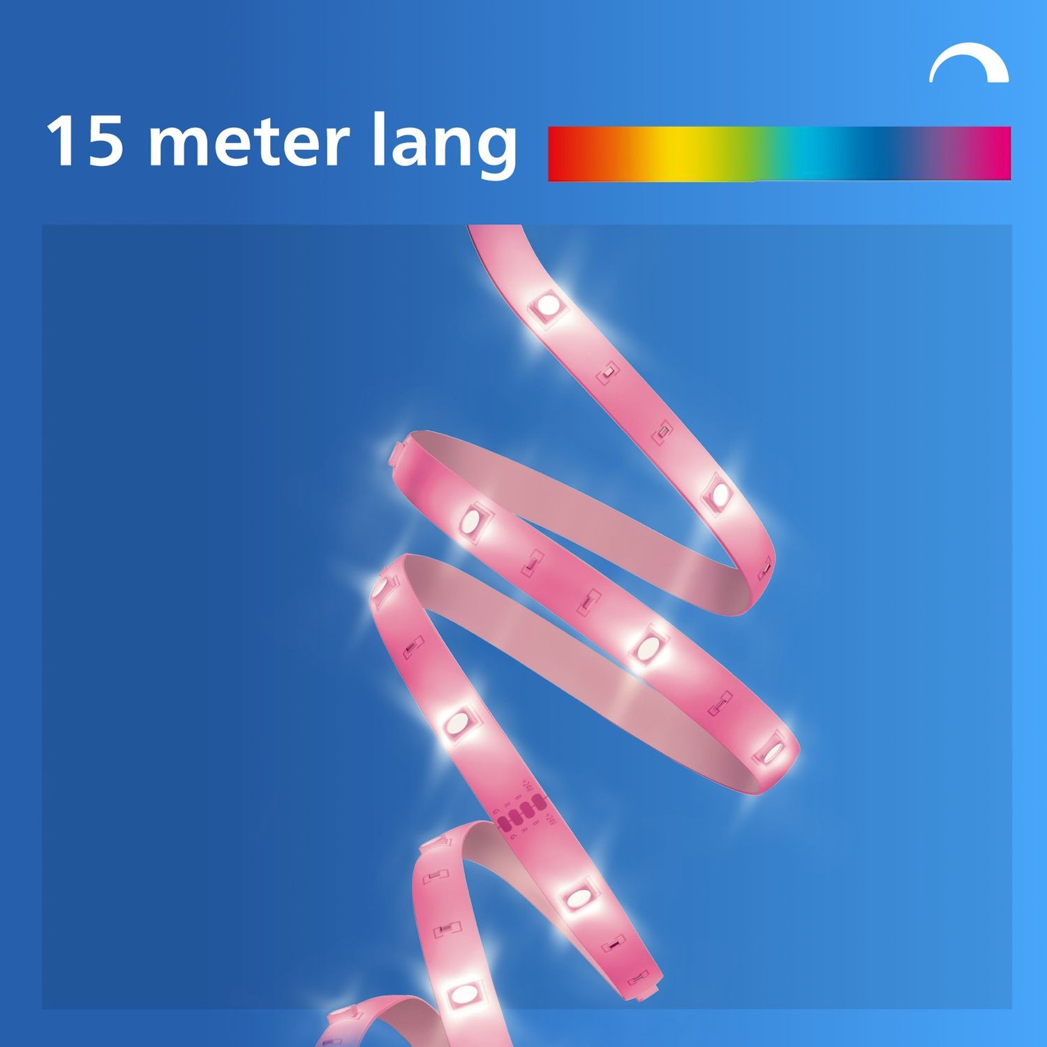 15 meter long pink LED light strip with rainbow gradient on a blue background.