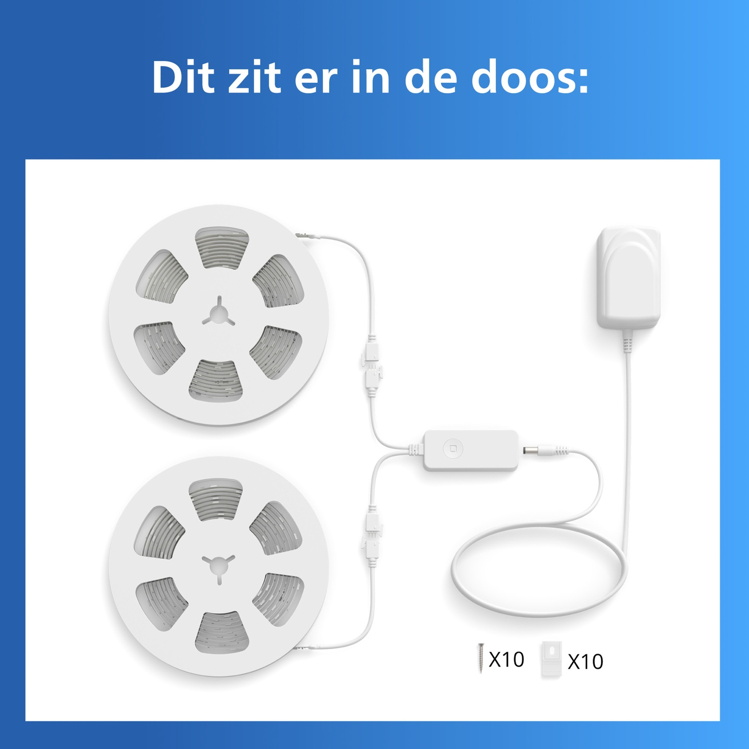 Two reels of LED strips, power adapter, controller and mounting hardware.