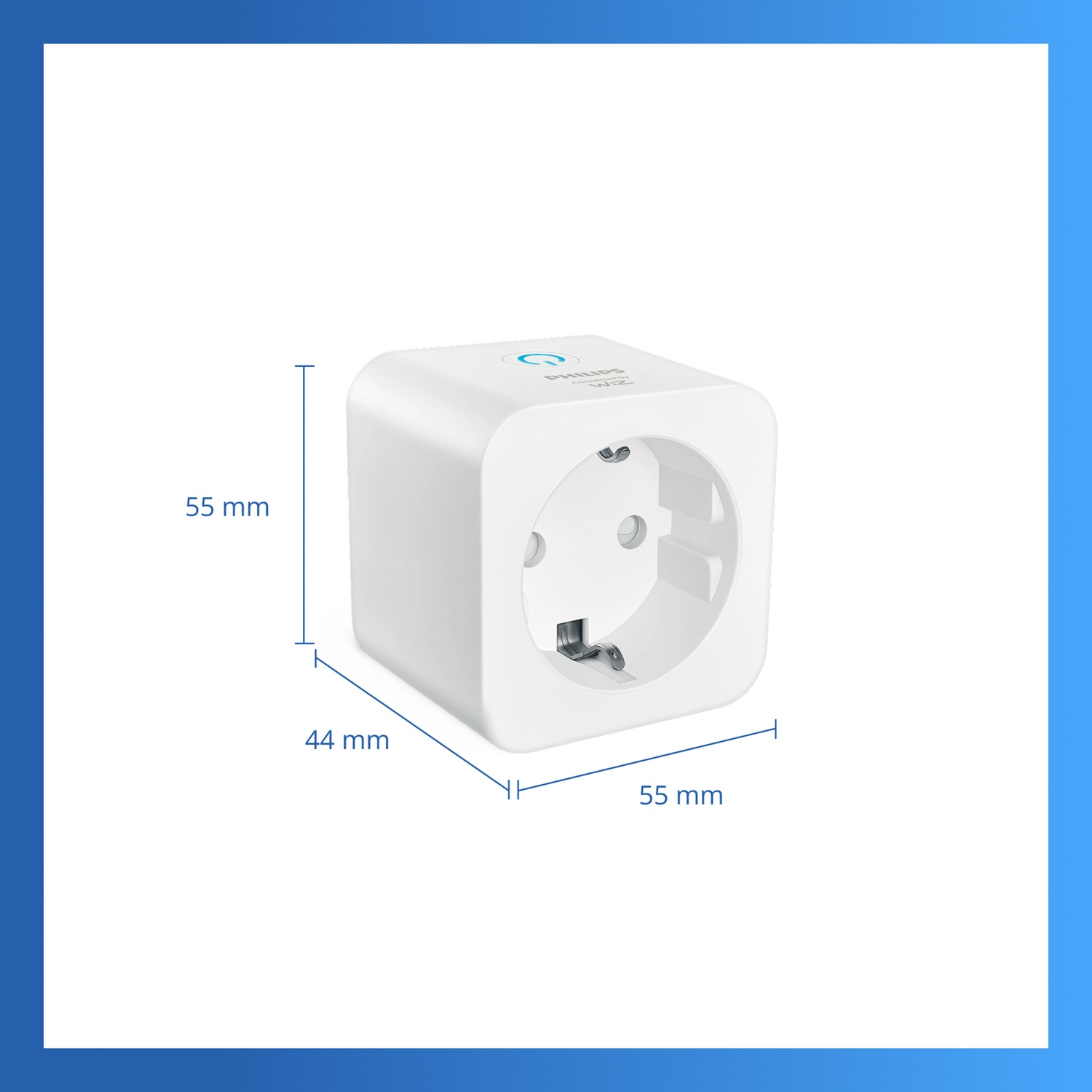 A white Philips Hue Smart Plug, measuring 55x44x55 mm.
