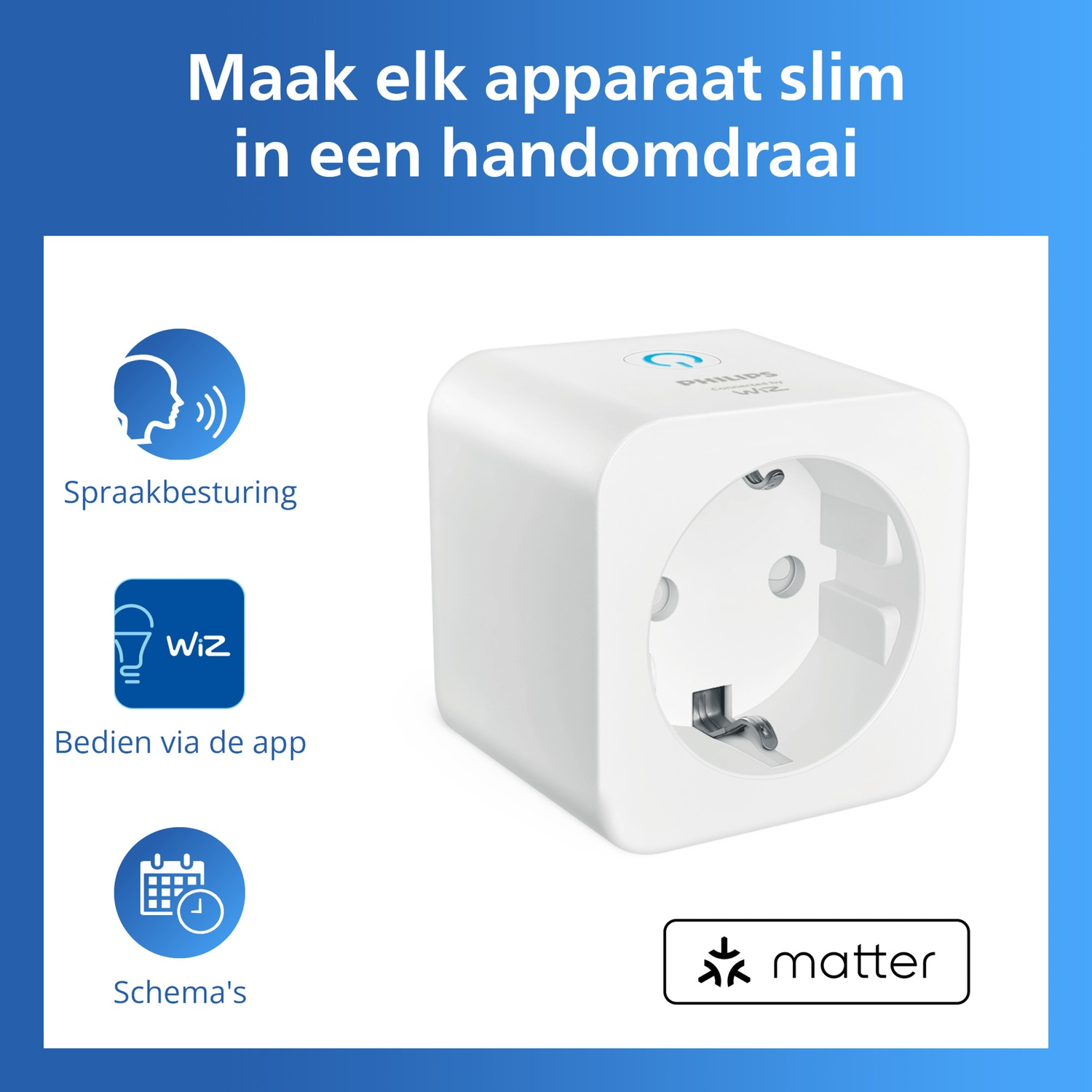 A white smart plug with voice control, app control, and scheduling features.
