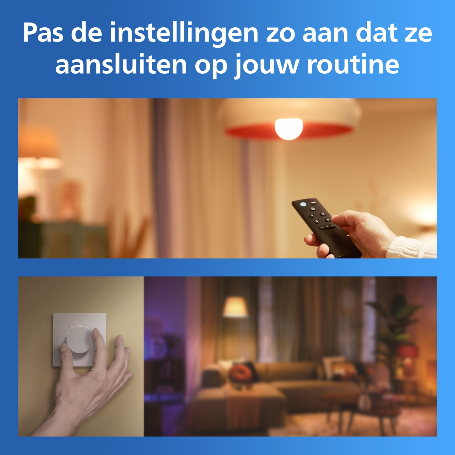 A hand holds a remote, another turns a dimmer; living room scene.