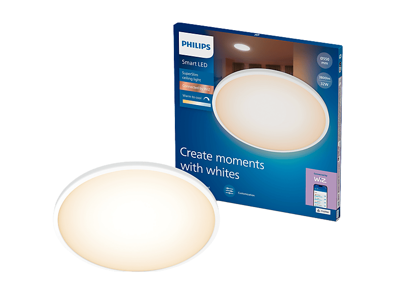 Philips Smart Lighting Superslim Plafondlamp – Warm- Tot Koelwit Licht Dimbaar Diameter: 55cm Wit 32w Rond Werkt Met De WIZ App Wifi