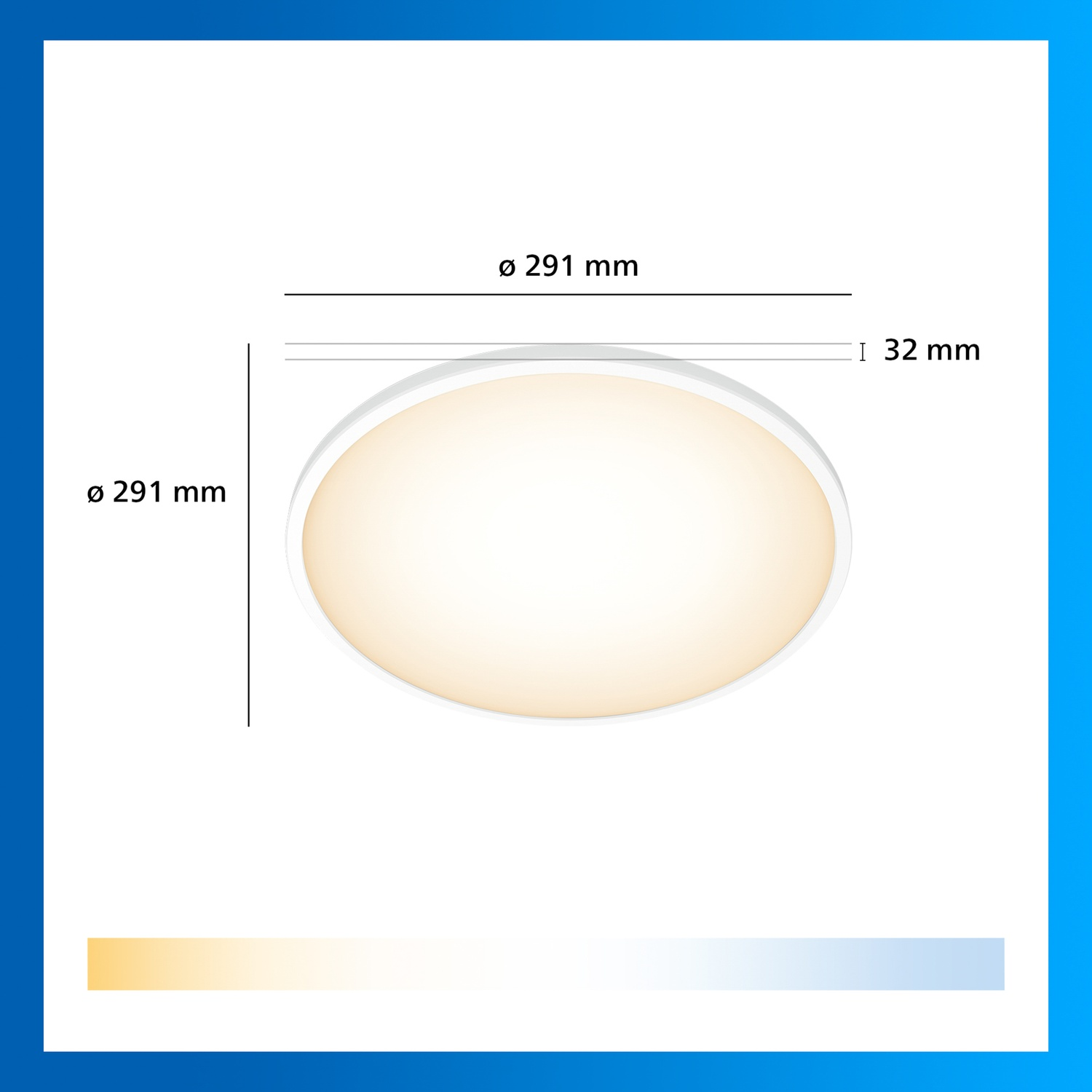 Een witte ovale lamp met een diameter van 291 mm en een hoogte van 32 mm.