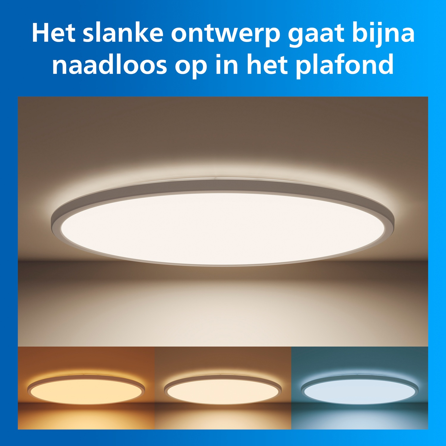 Een slanke, ronde plafondlamp met verschillende kleurtemperaturen, geïntegreerd in het plafond.