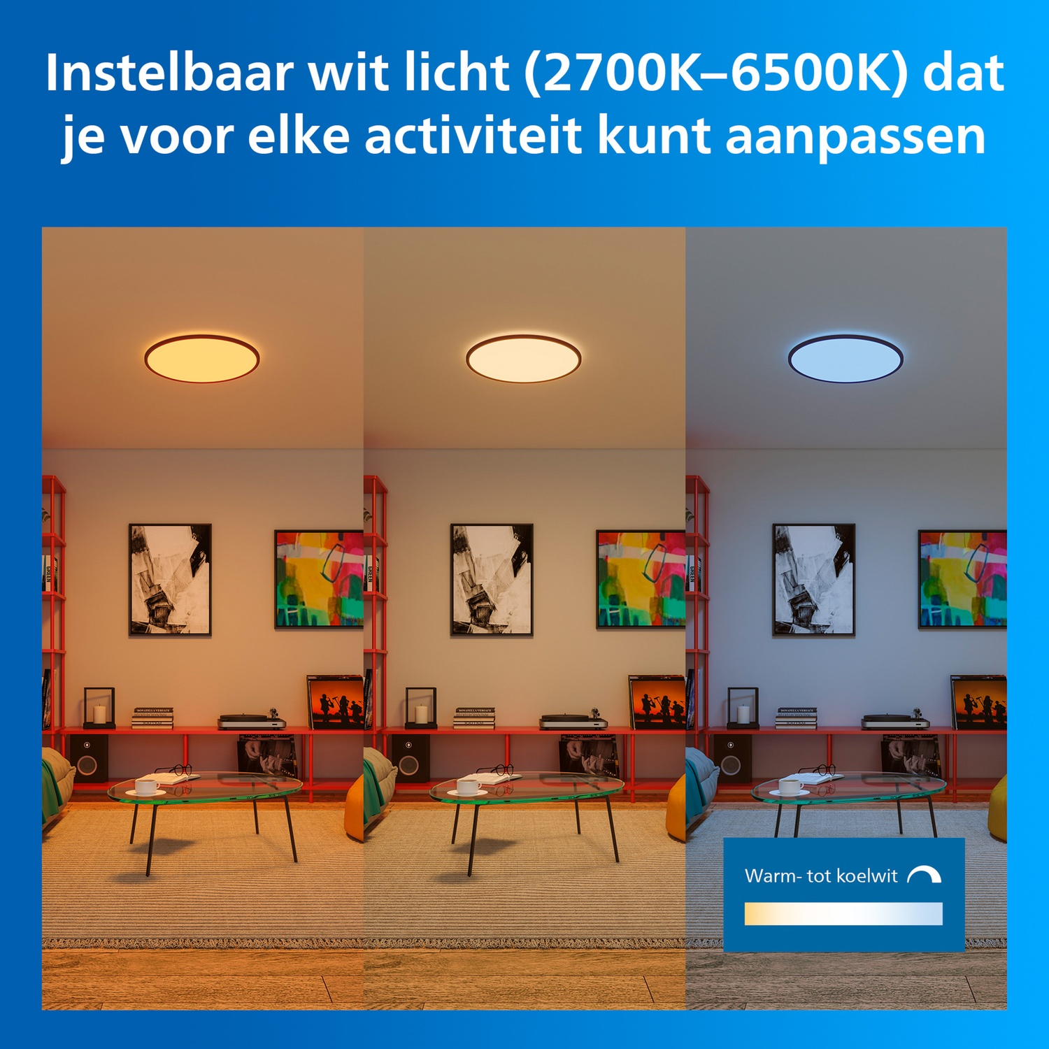 Een woonkamer met drie verschillende lichtinstellingen: warm, neutraal en koel.