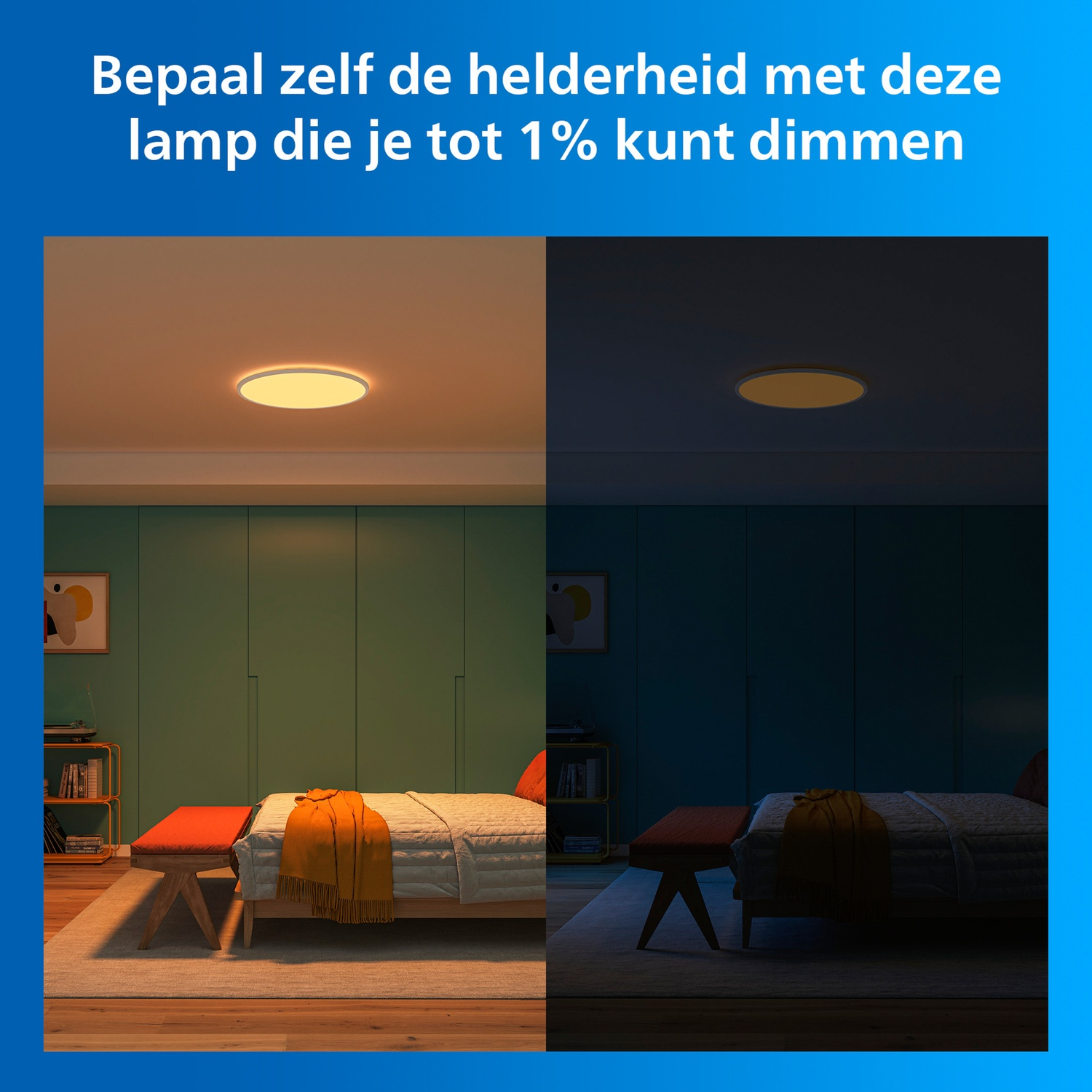 Een slaapkamer met een bed. De plafondlamp is helder en gedimd.