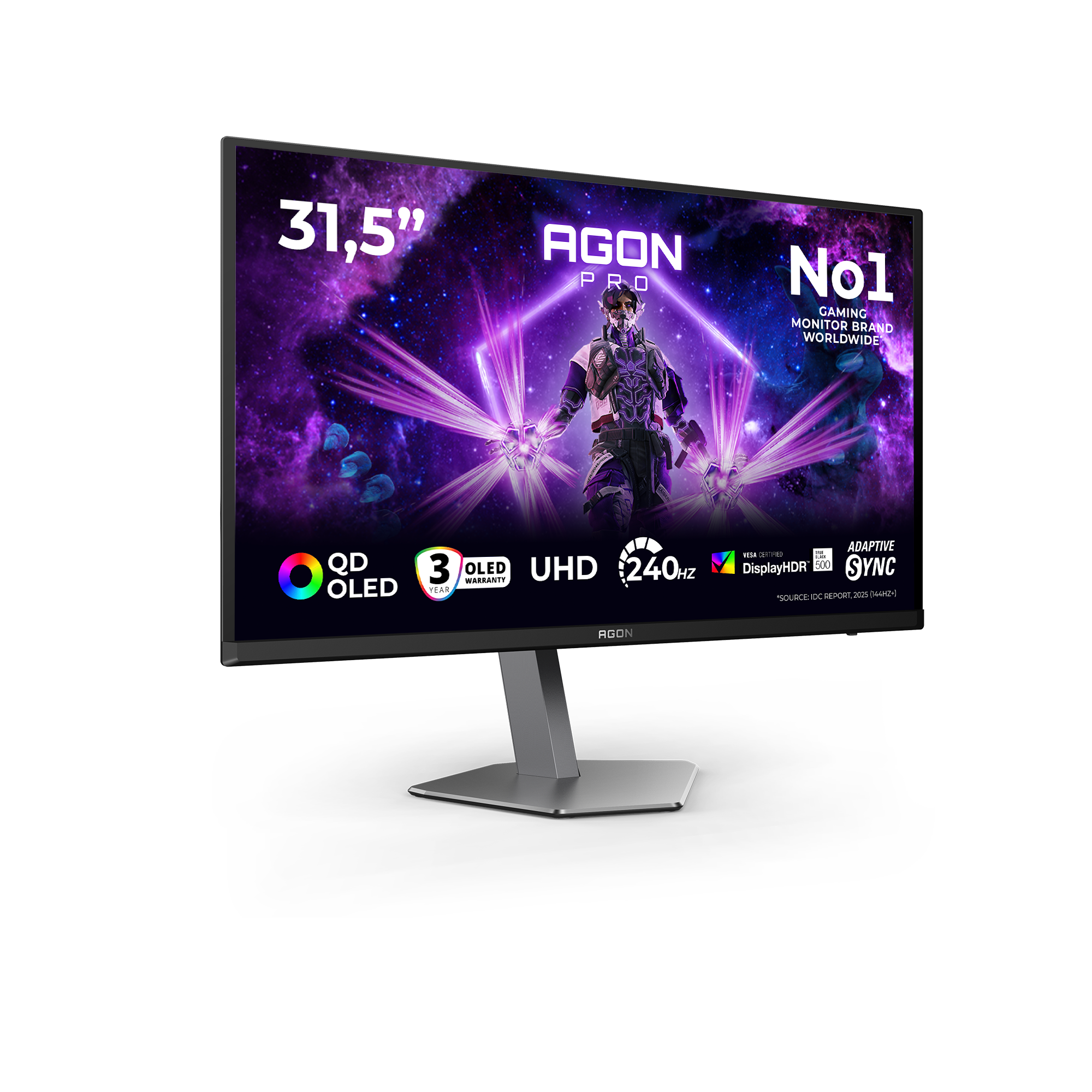 Ein 31,5-Zoll QD-OLED-Gaming-Monitor mit 240Hz und einem futuristischen Hintergrund.