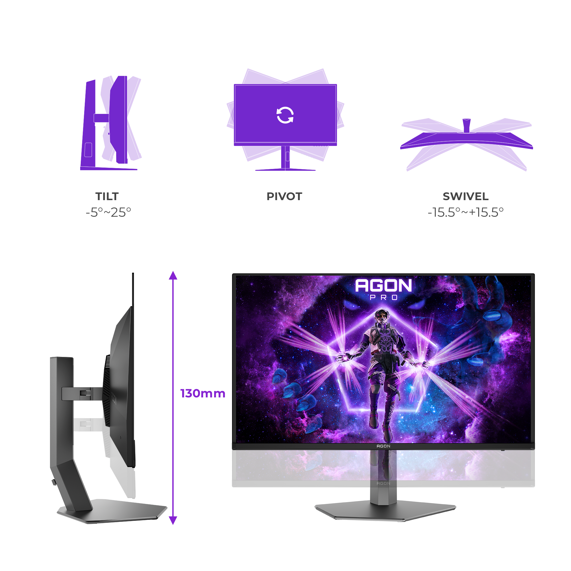 Monitorständer mit Neigungs-, Schwenk-, Drehscheibe-Diagrammen und 130mm Höhe. Gaming-Display gezeigt.
