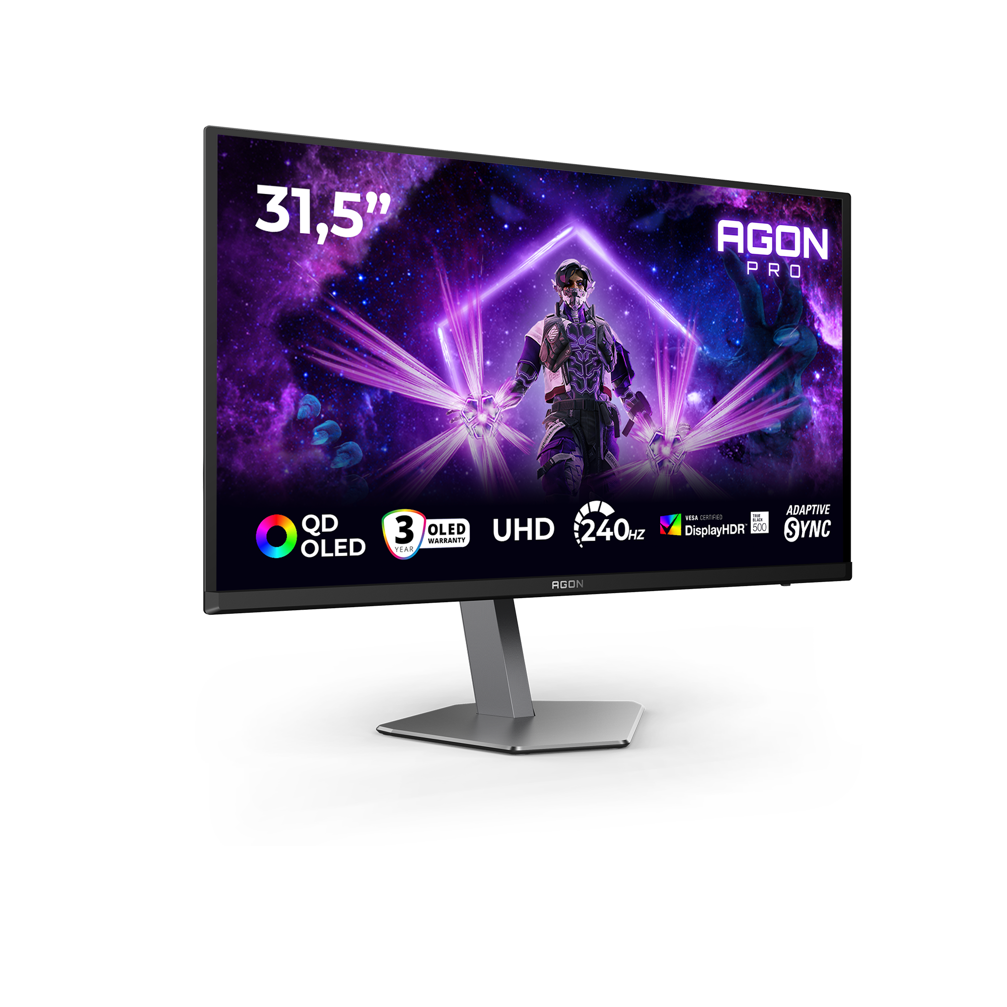 Ein 31,5-Zoll-Gaming-Monitor mit QD-OLED-Technologie und einem Spieler im Weltraumhintergrund.