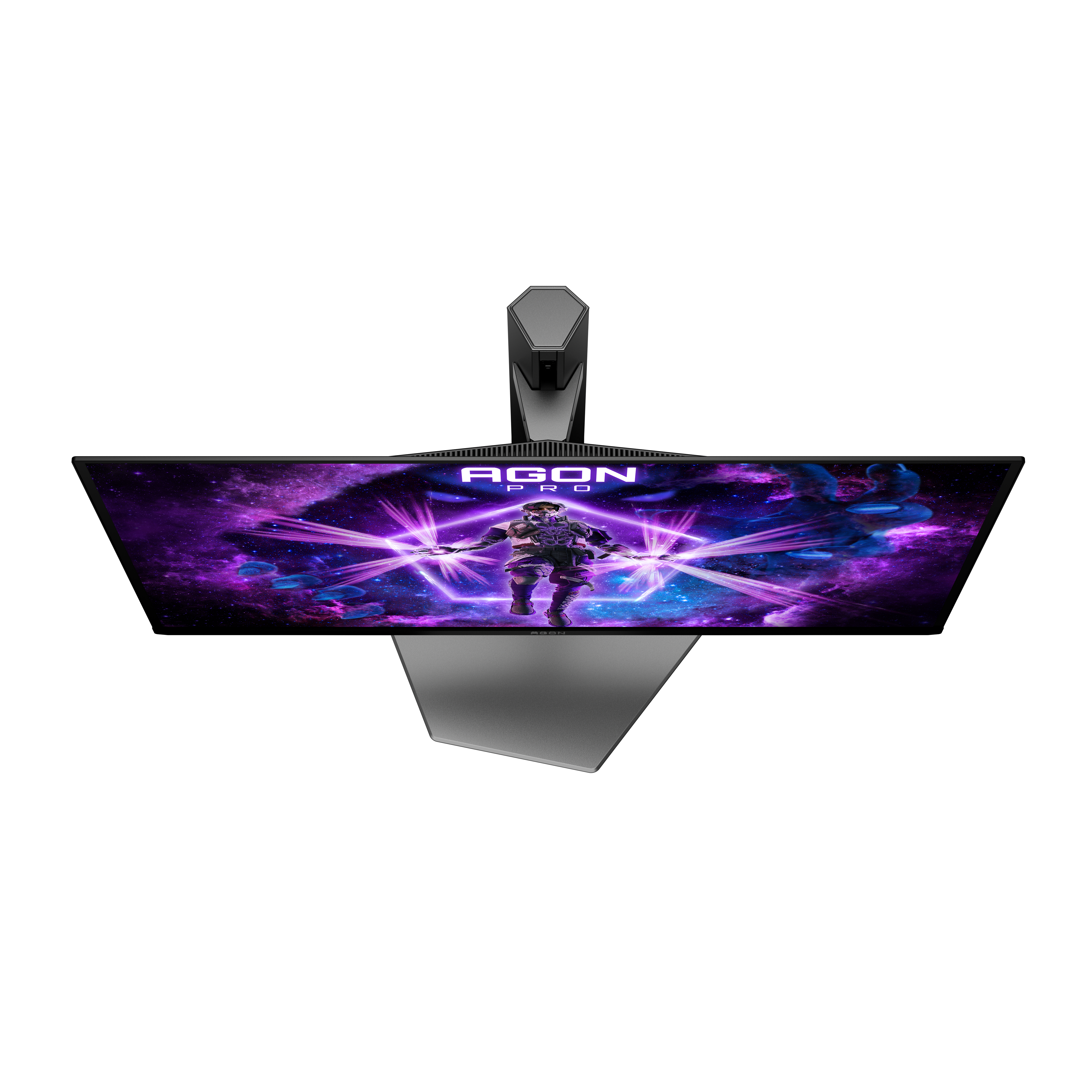 Ein AGON PRO Monitor mit einem Weltraum-Hintergrundbild und einer Figur.