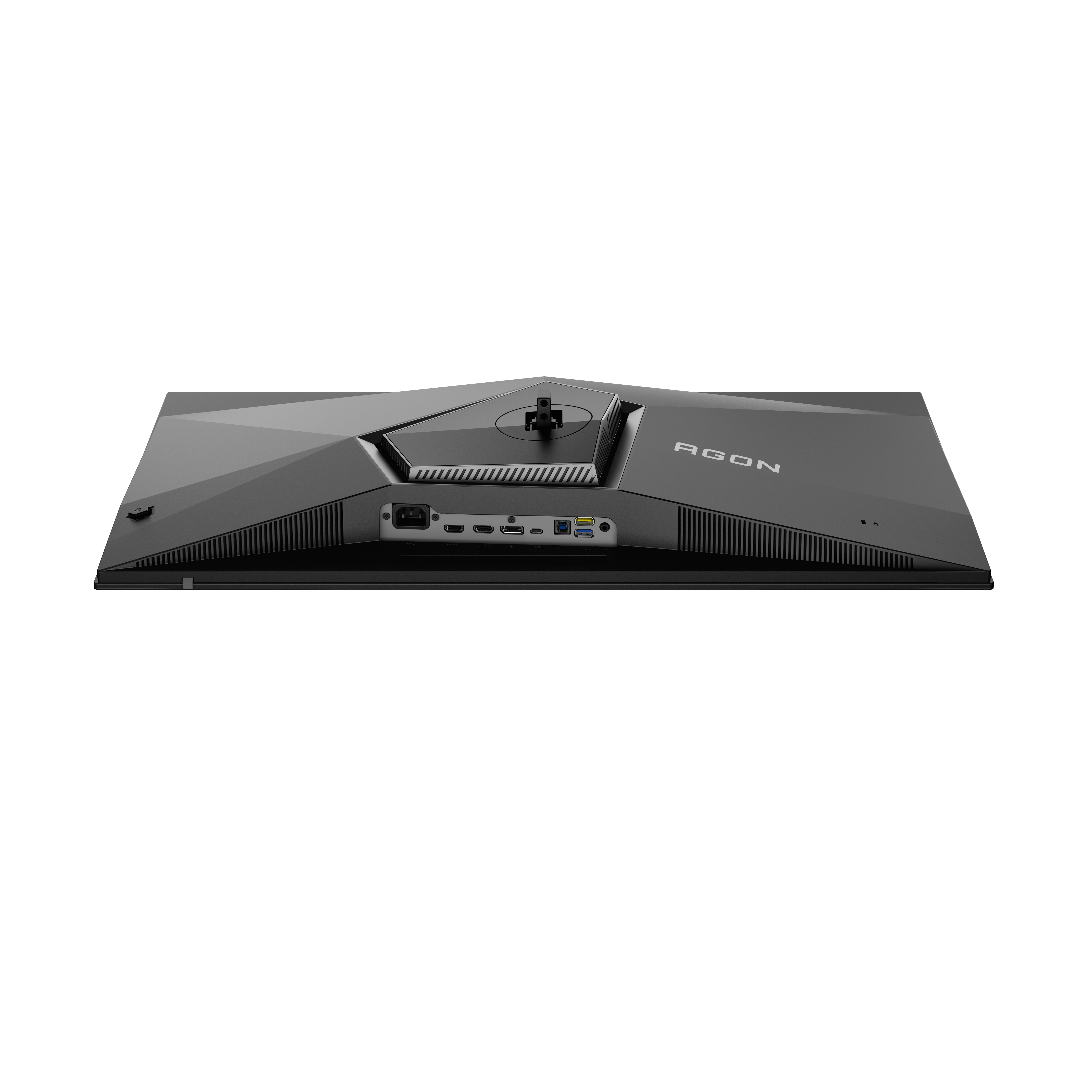 Rückseite eines schwarzen Monitors mit Anschlüssen wie HDMI, USB und Strom.