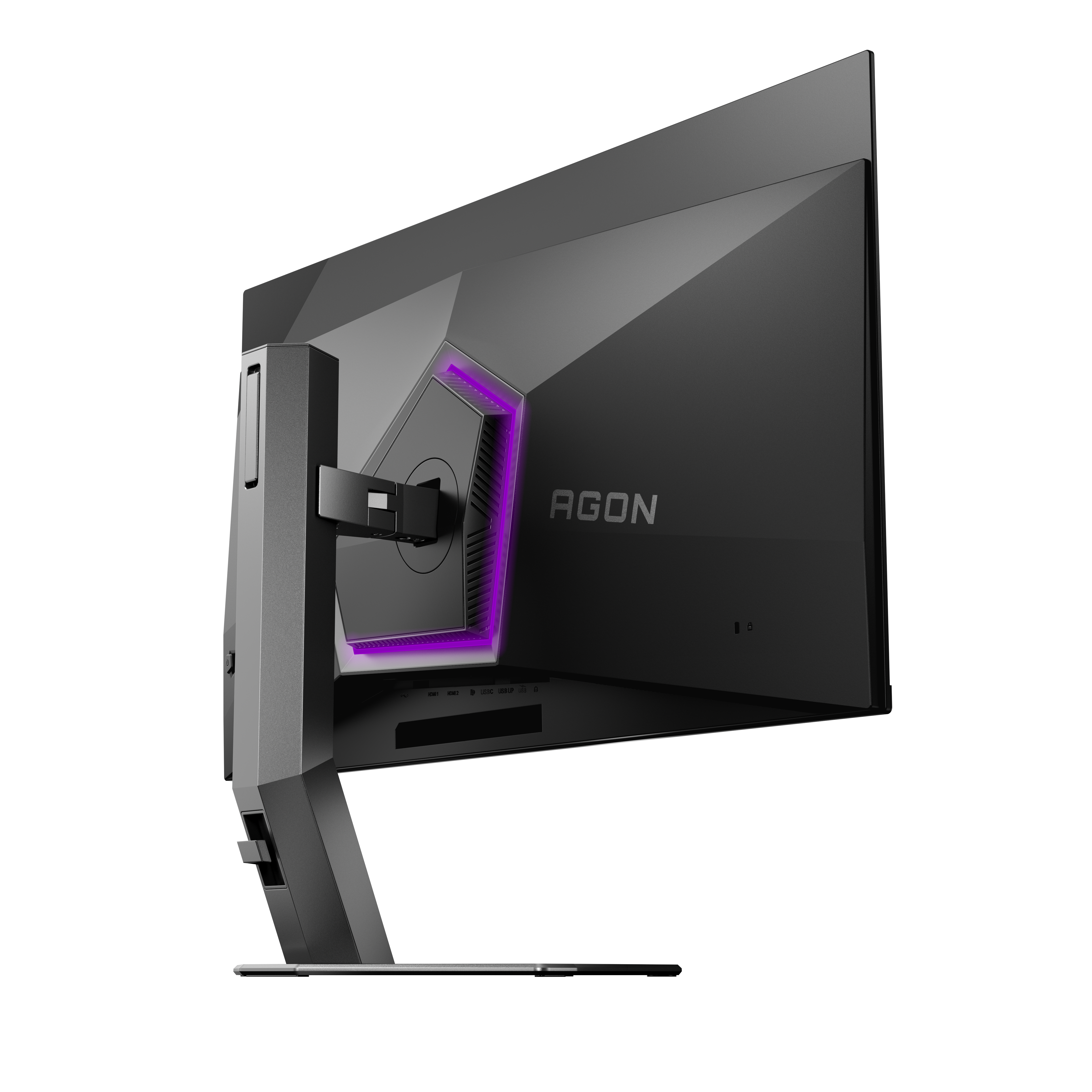 Die Rückseite eines schwarzen Monitors mit violetter Beleuchtung und dem AGON-Logo.