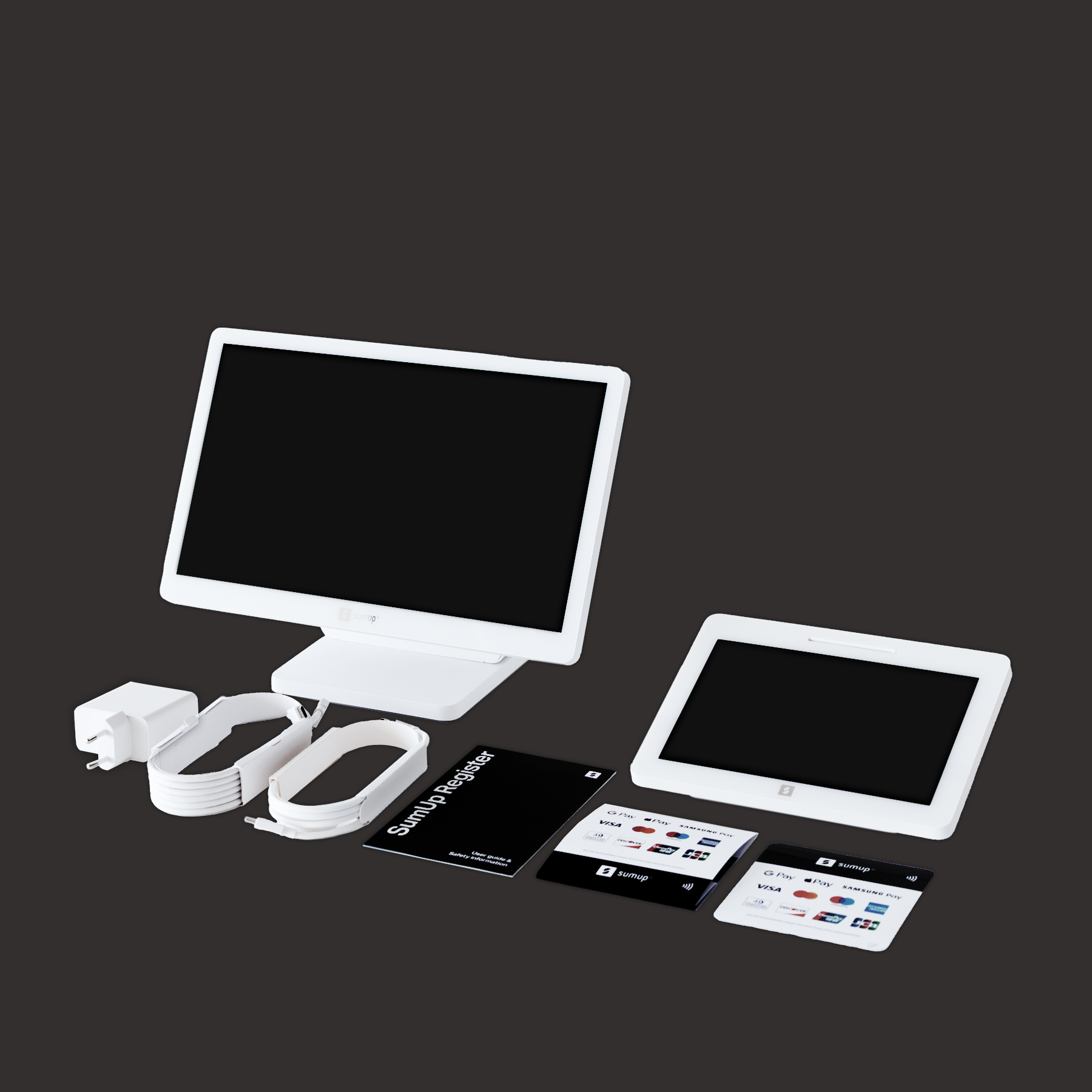 Ein weißes Kassensystem mit Monitor, Tablet, Netzteil und Kabeln.