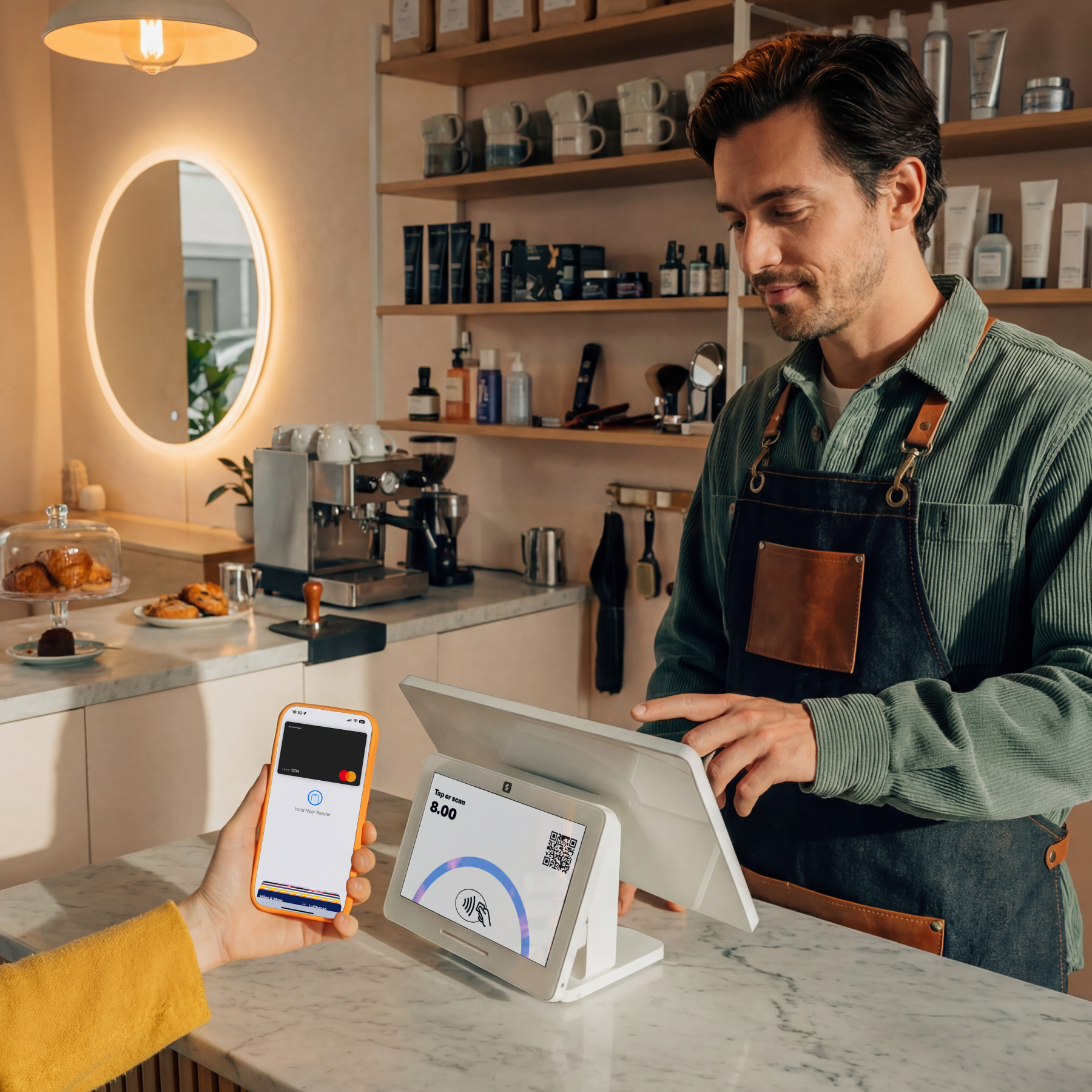 Mann im Geschäft bezahlt mit Handy an Kasse. Ein Handy wird über ein Terminal gehalten.