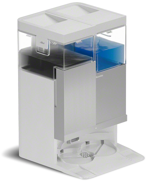 Ein weißer Roboterstaubsauger-Dock mit zwei transparenten Behältern, einer gefüllt mit schwarzem Material und der andere mit blauer Flüssigkeit.