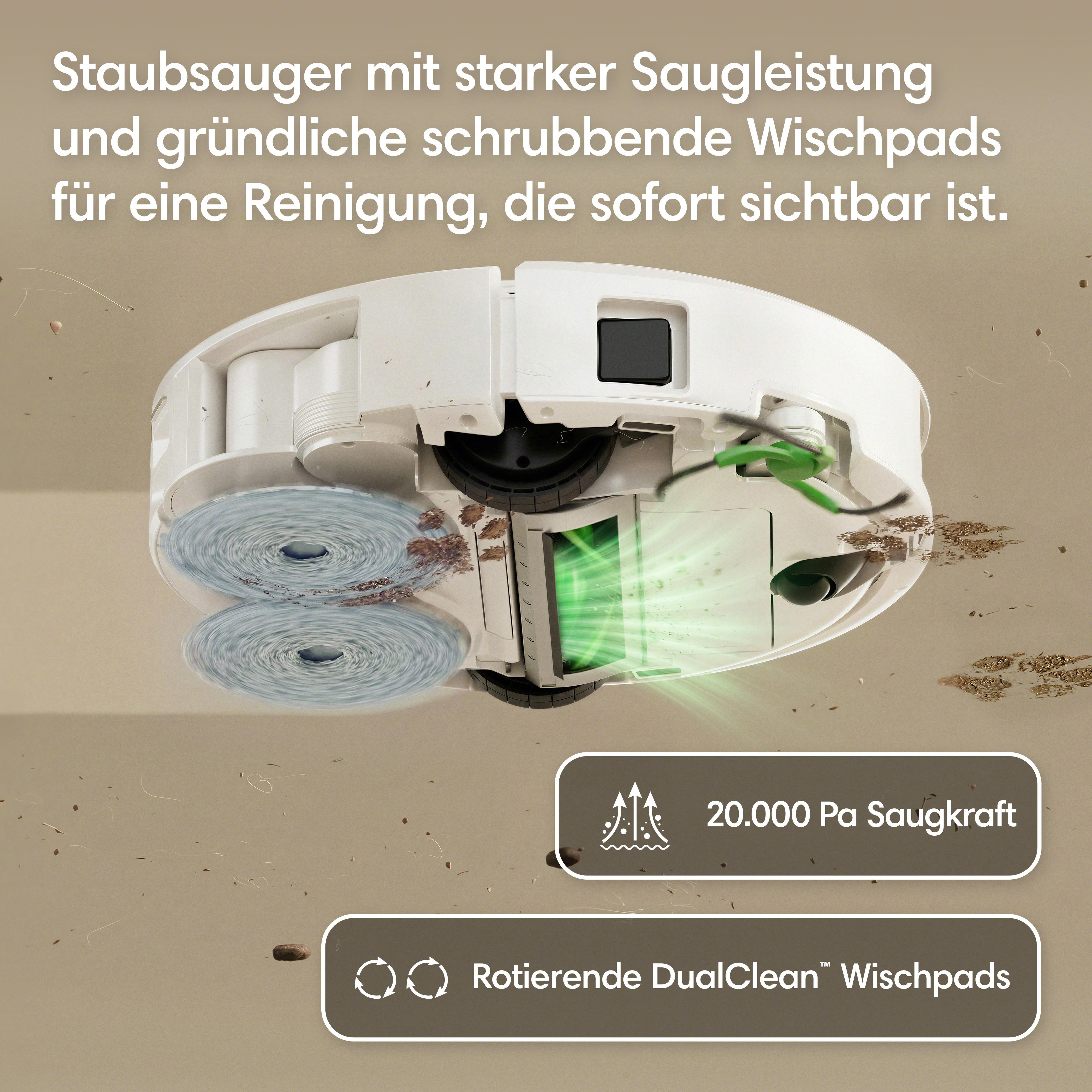 Ein Saugroboter mit rotierenden Wischpads reinigt den Boden von Schmutz.