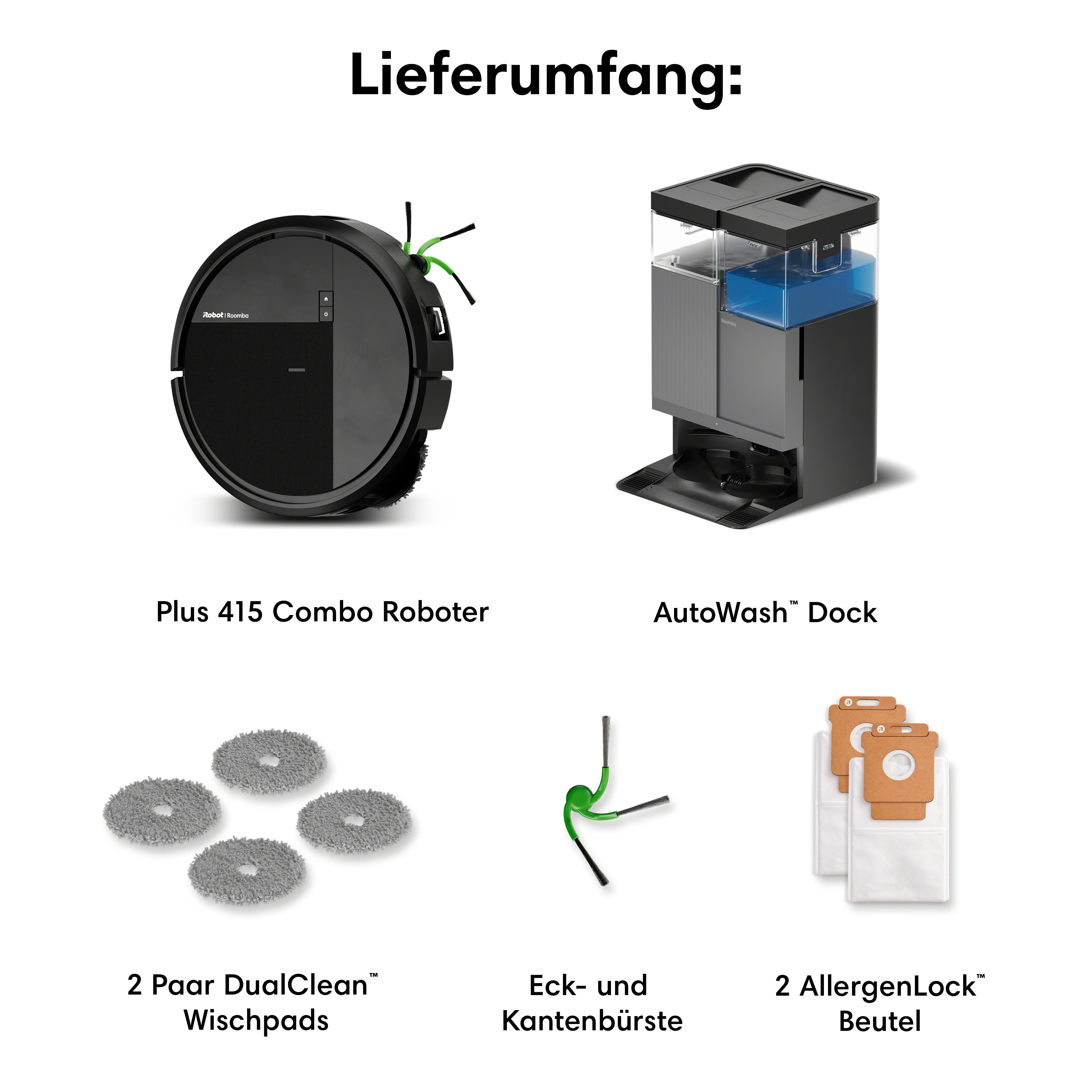 Lieferumfang: Roomba Roboter, Dock, Wischpads, Bürste und Beutel.