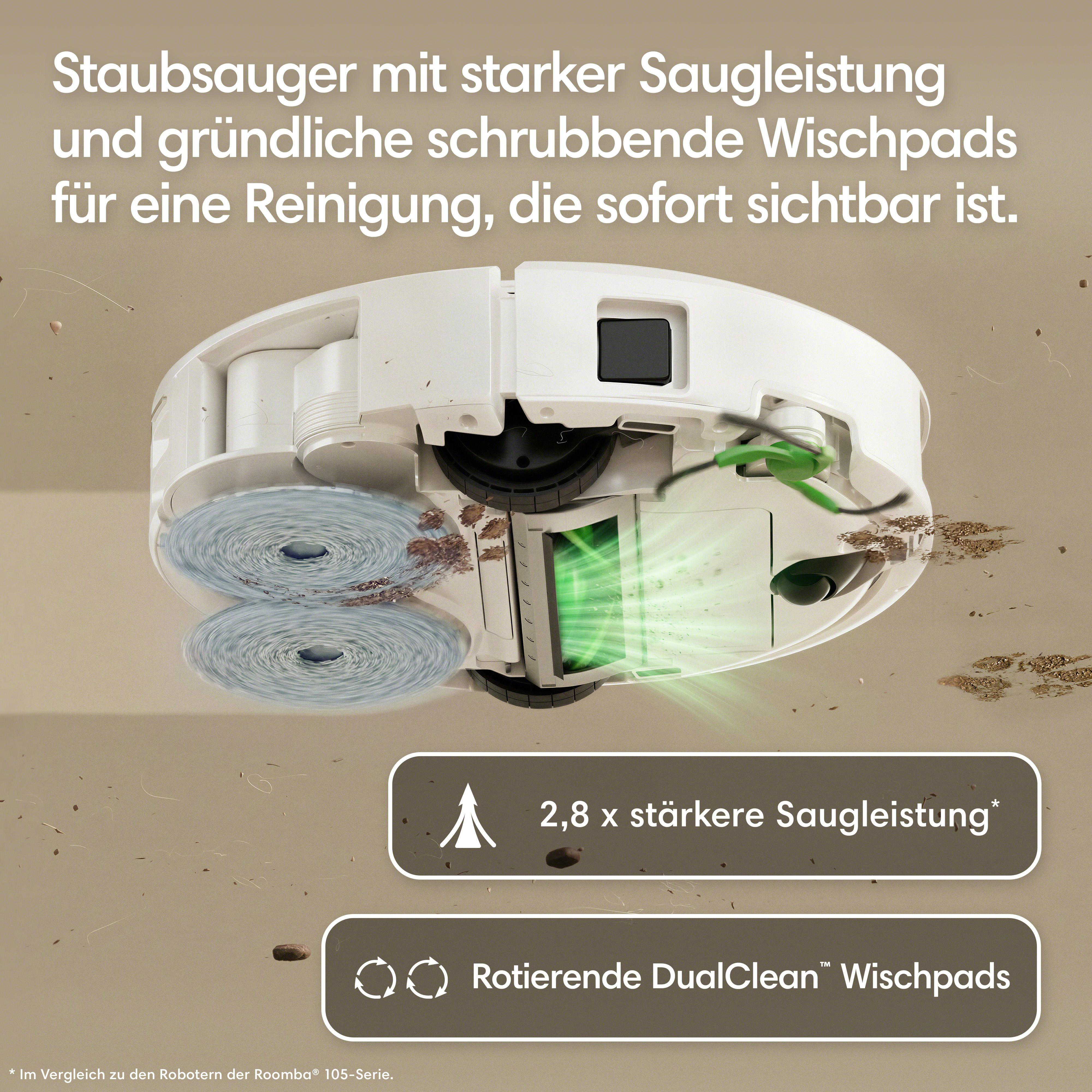 Ein Saugroboter mit rotierenden Wischpads reinigt den Boden von Schmutz.