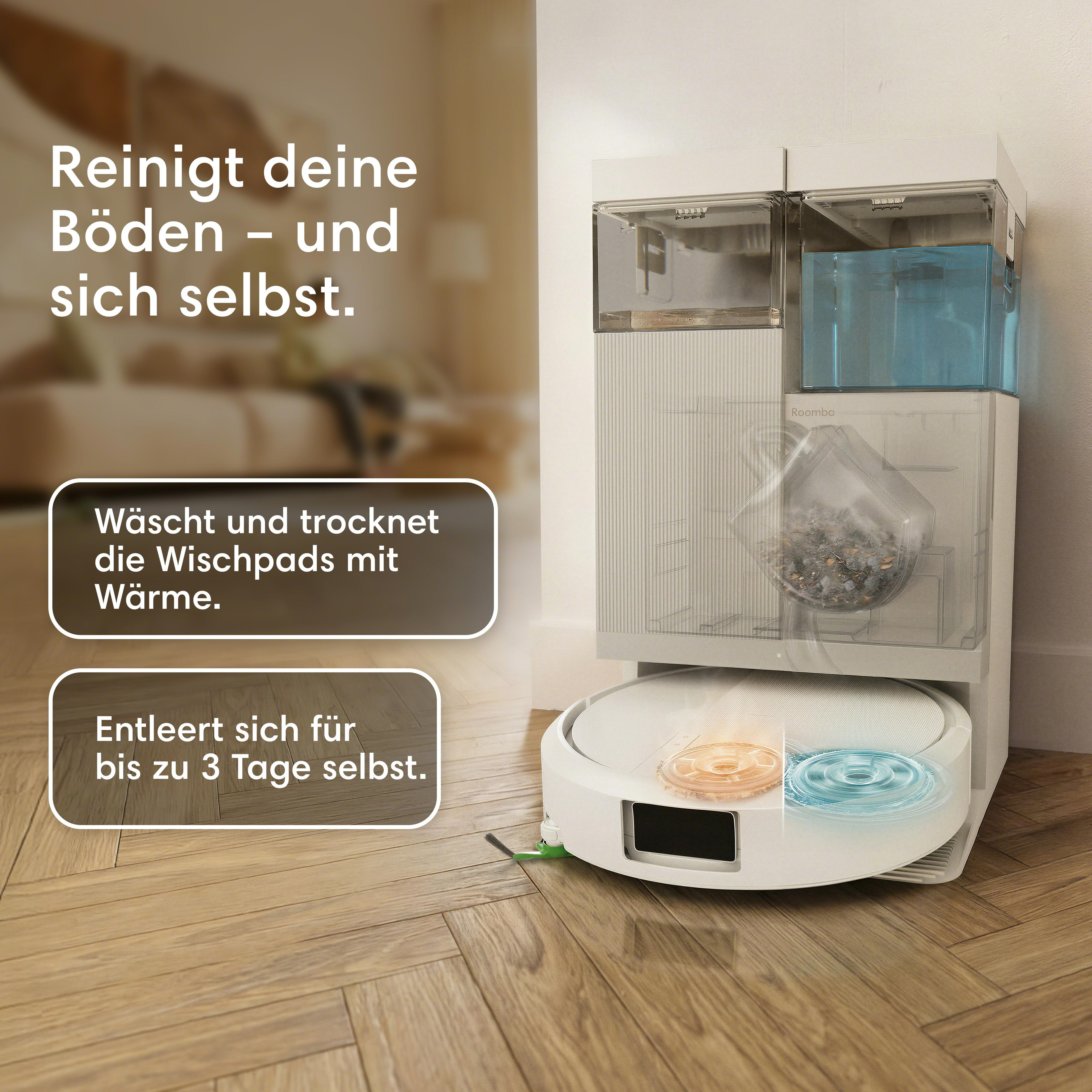 Ein weißer Saugroboter mit Ladestation reinigt Böden, wäscht und trocknet Wischpads.