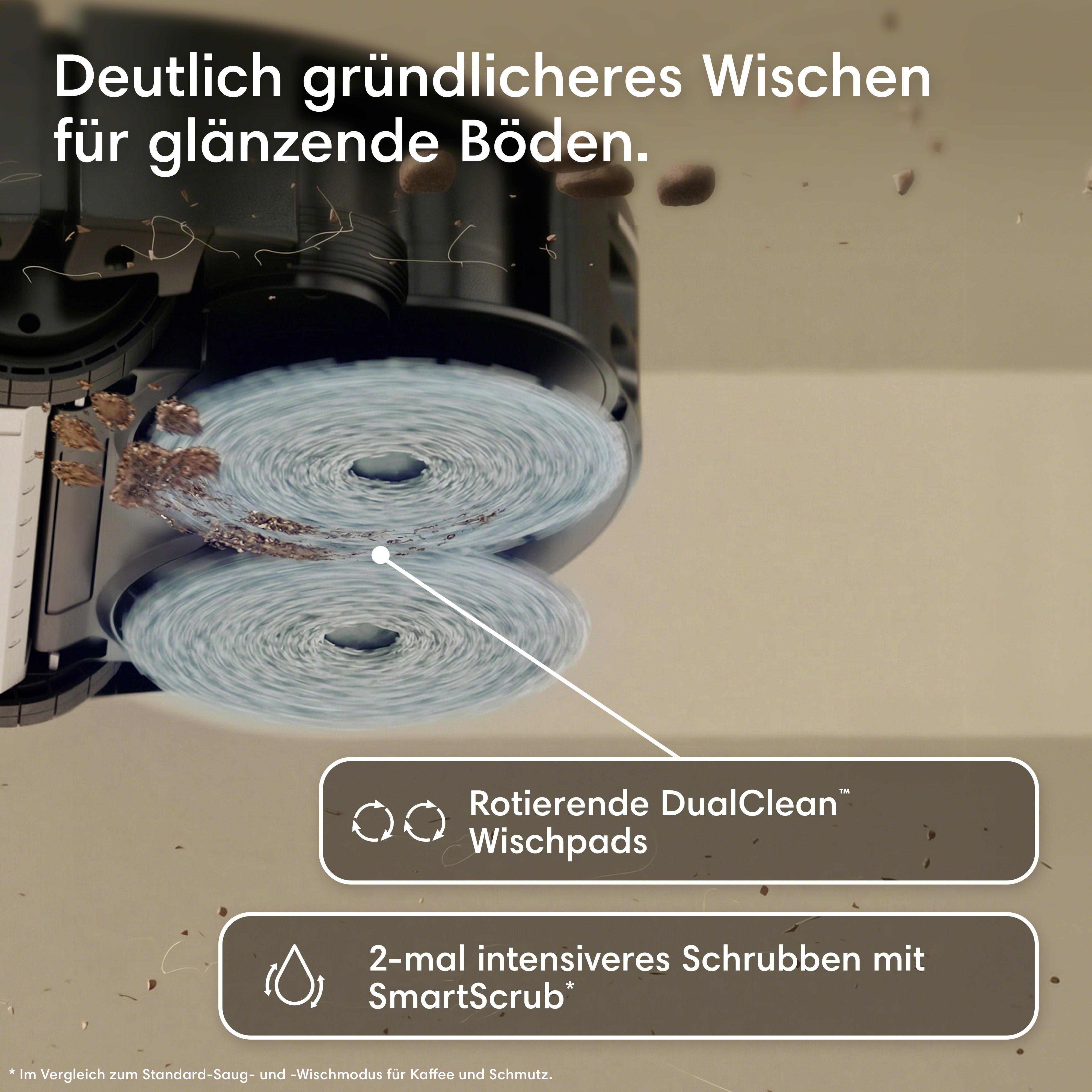 Ein Saugroboter mit zwei rotierenden Wischpads, die Schmutz aufnehmen.