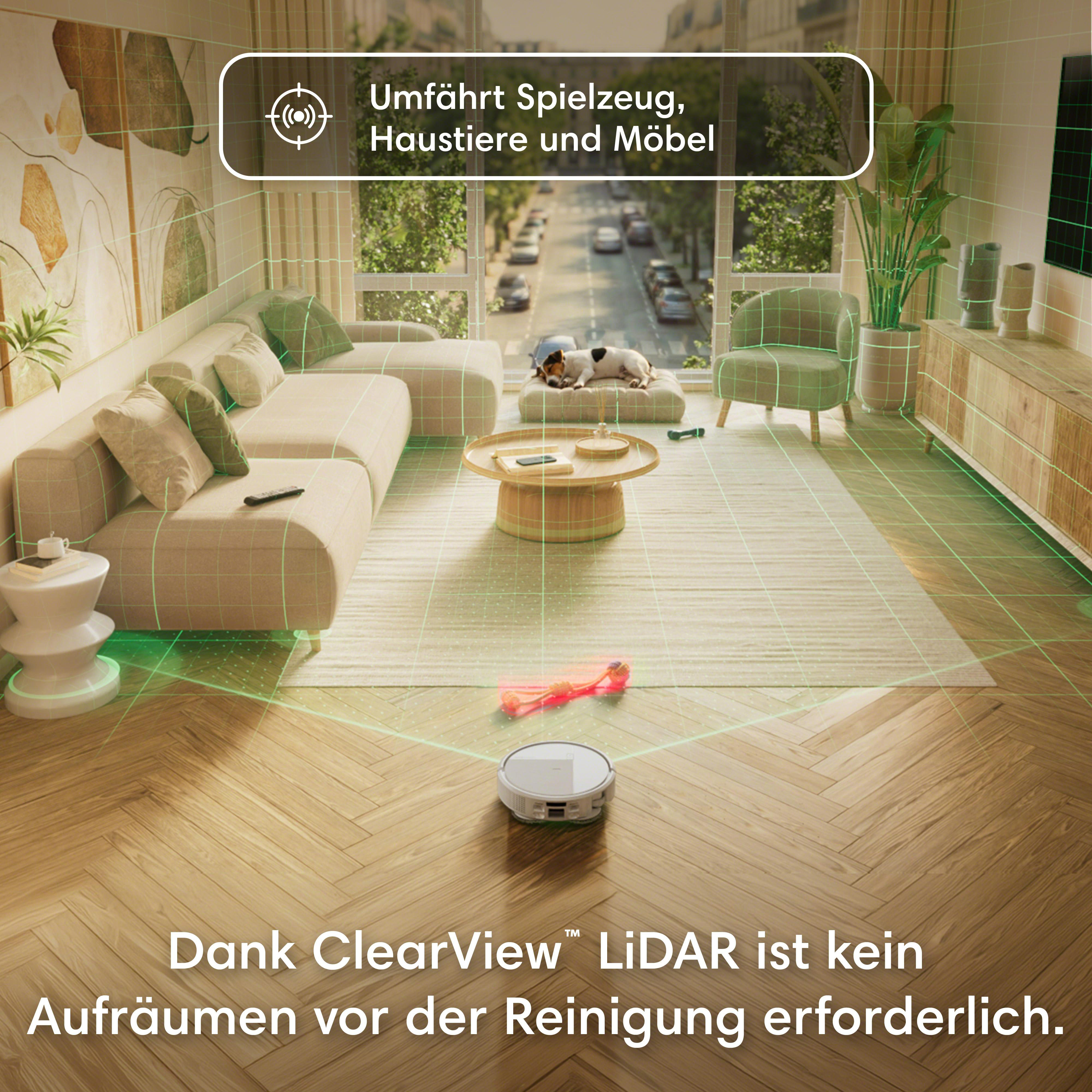 Ein Saugroboter navigiert um Spielzeug, Haustiere und Möbel in einem Wohnzimmer.