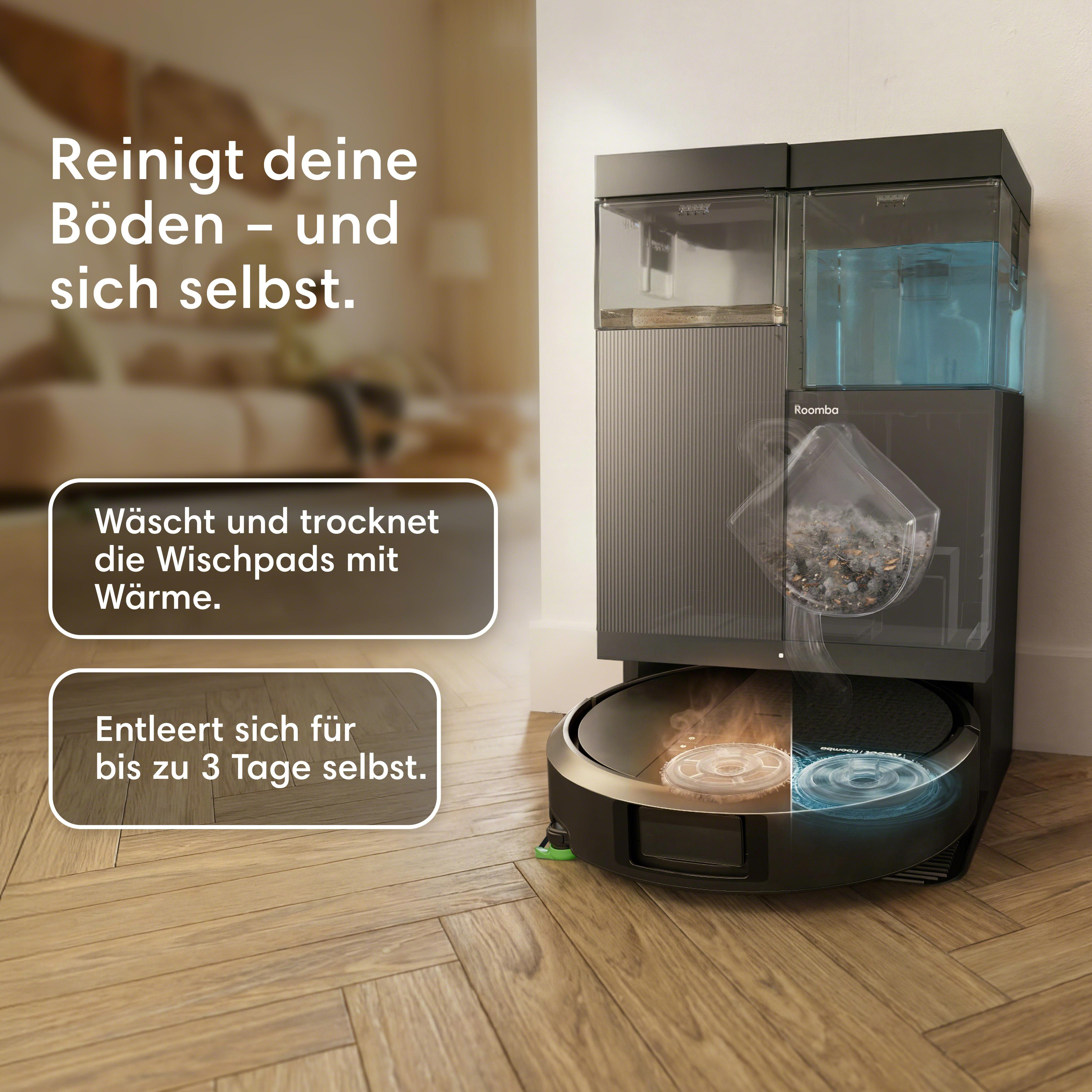Ein Saugroboter mit Dock reinigt Böden, wäscht und trocknet Pads.