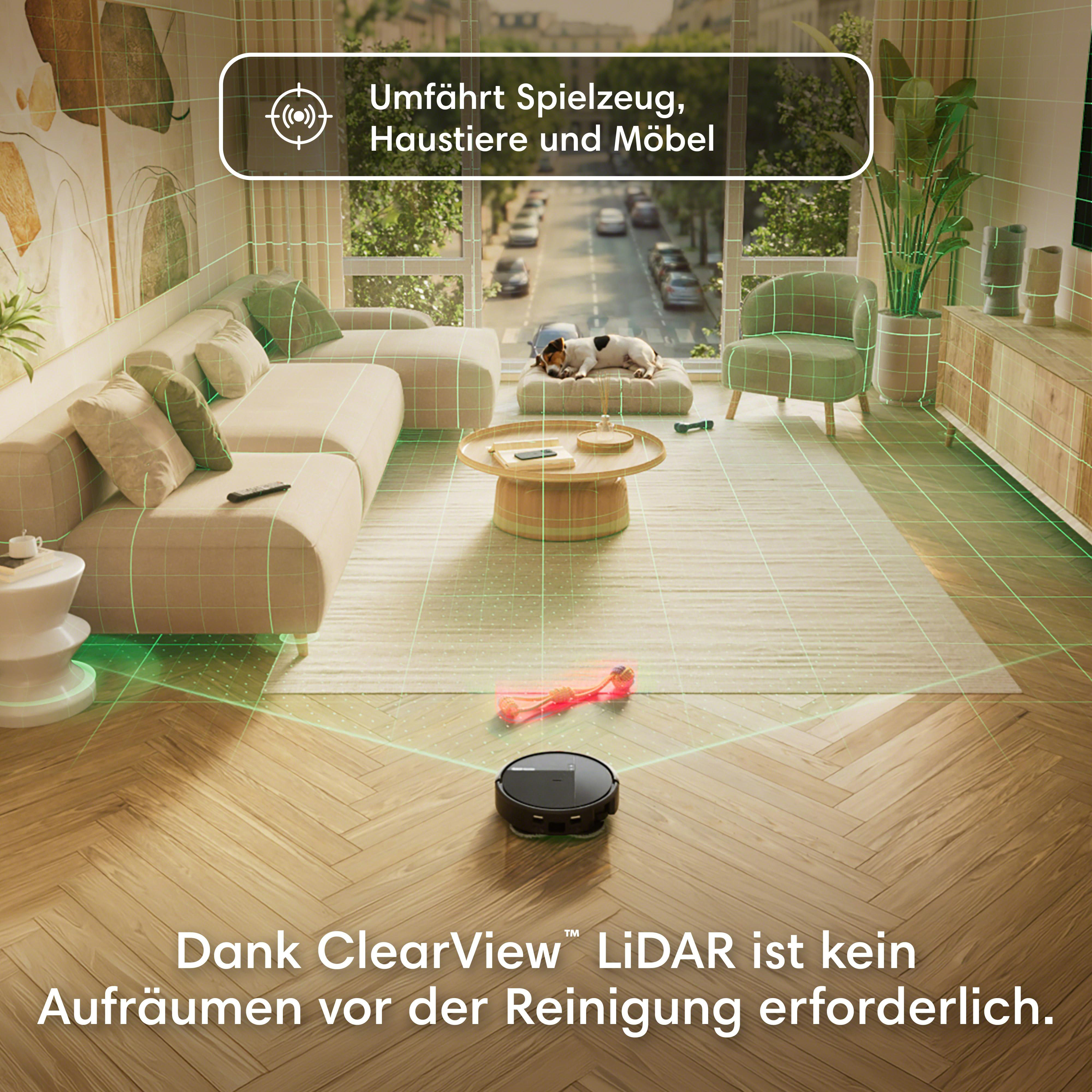 Ein Saugroboter navigiert um Spielzeug, Haustiere und Möbel.