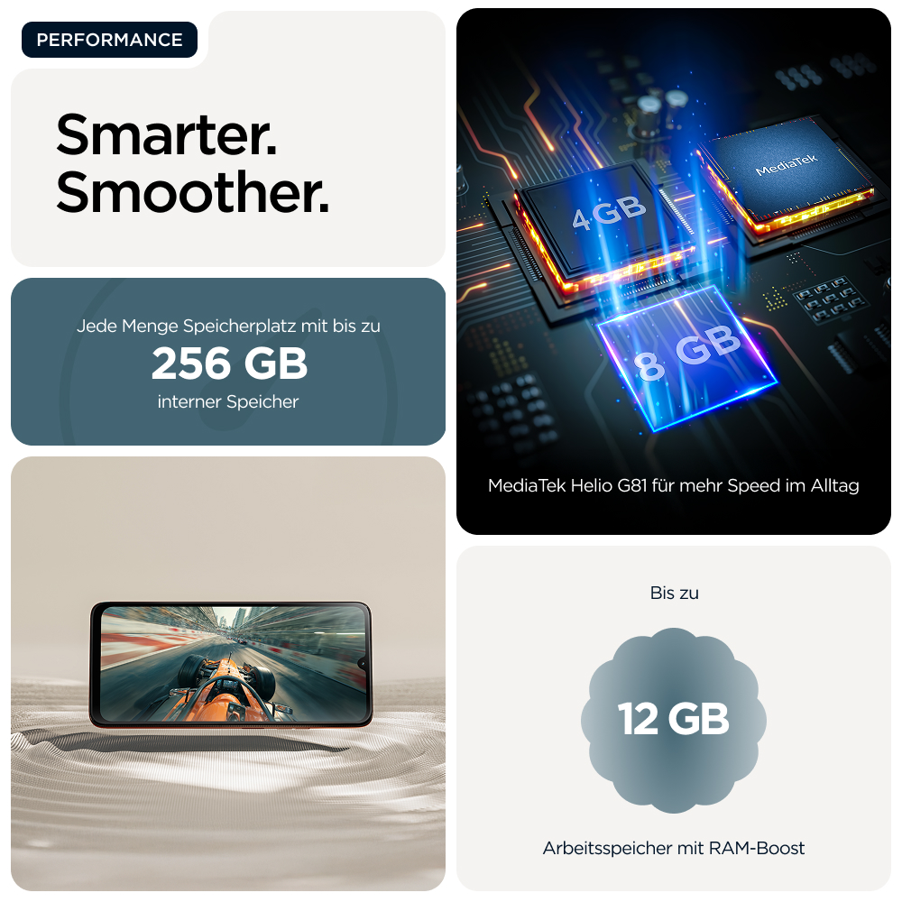 Handy zeigt Rennspiel. Chips zeigen 4GB & 8GB. Text erwähnt 256GB Speicher & 12GB RAM.