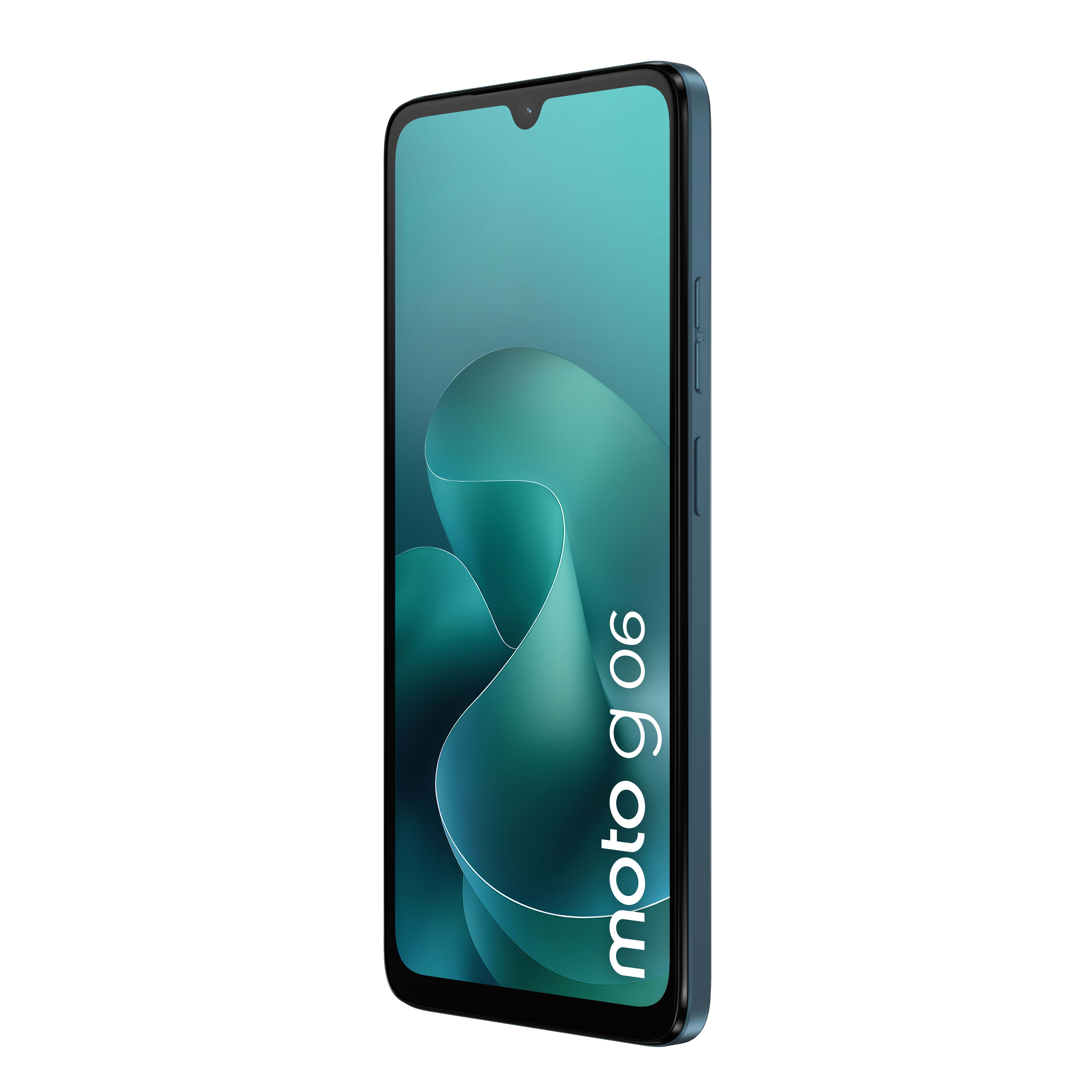 Ein blaues Motorola Moto G06 Smartphone mit einem türkisfarbenen Hintergrund.
