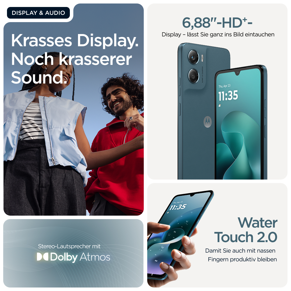 Zwei junge Leute genießen ein Smartphone mit großem Display und Stereo-Lautsprechern.