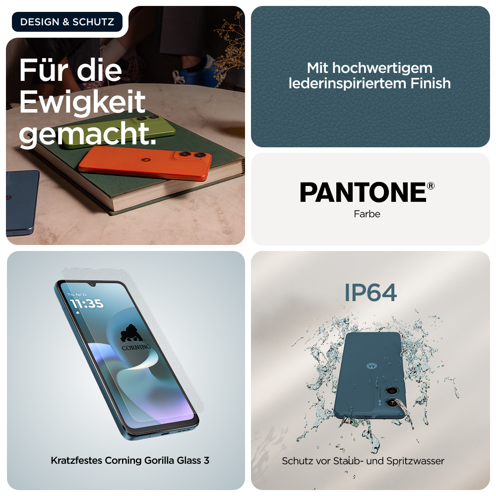 Design & Schutz: zwei Handys, lederähnliches Finish, Pantone-Farbe, Gorilla Glass 3, IP64.