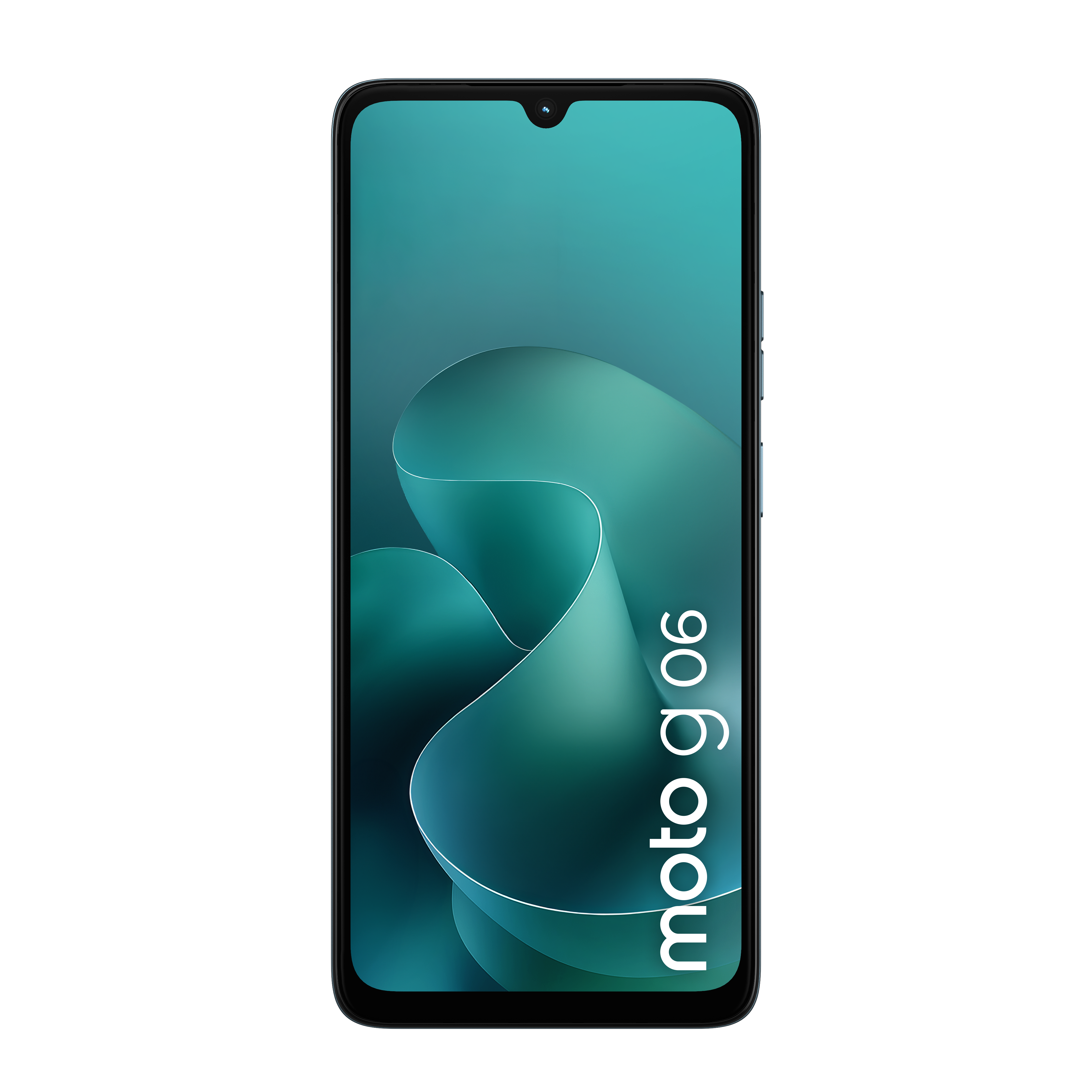 Ein schwarzes Smartphone mit dem Text "moto g06" auf dem Bildschirm.