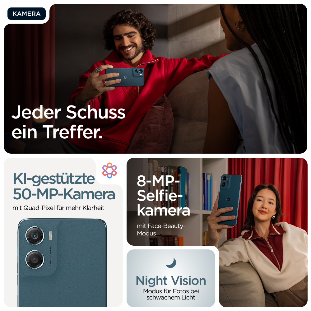 Mann mit Handy auf Couch, Collage zeigt Handykameras, Frau macht Selfie, Nachtsicht-Funktion.
