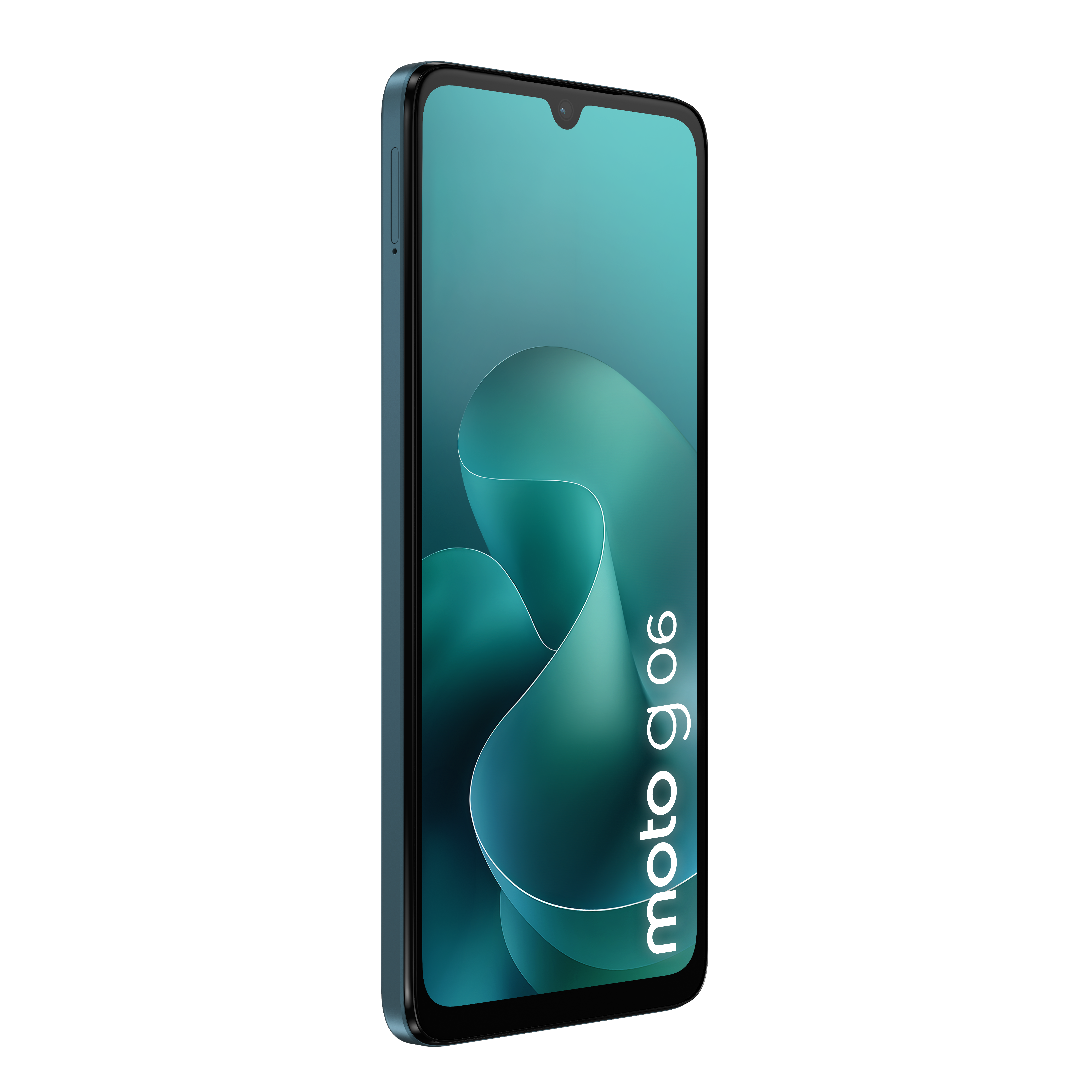 Ein blaues Smartphone mit türkisfarbenem Hintergrund, das auf der Seite liegt.