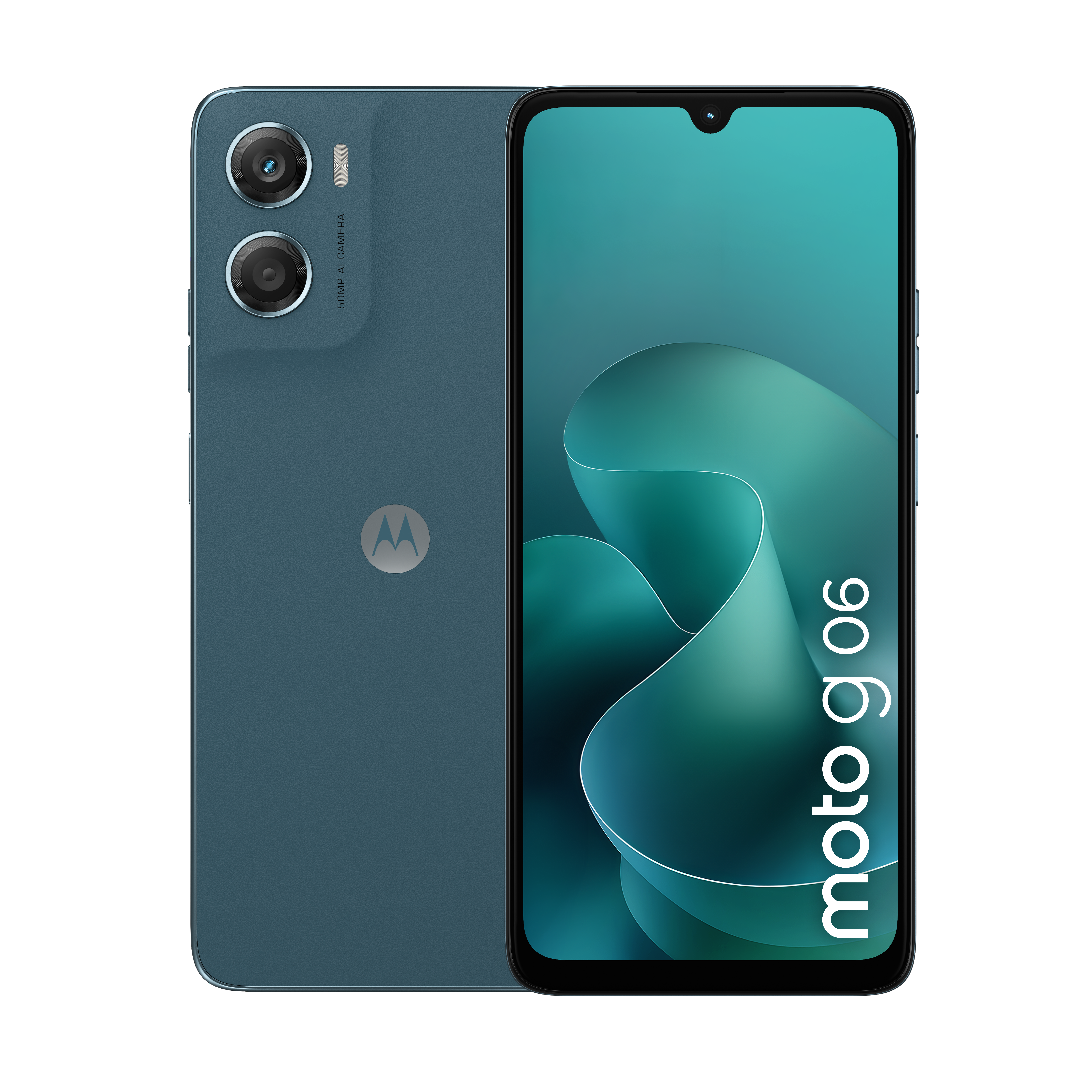 Ein blaues Motorola Moto G06 Smartphone mit zwei Kameras auf der Rückseite.