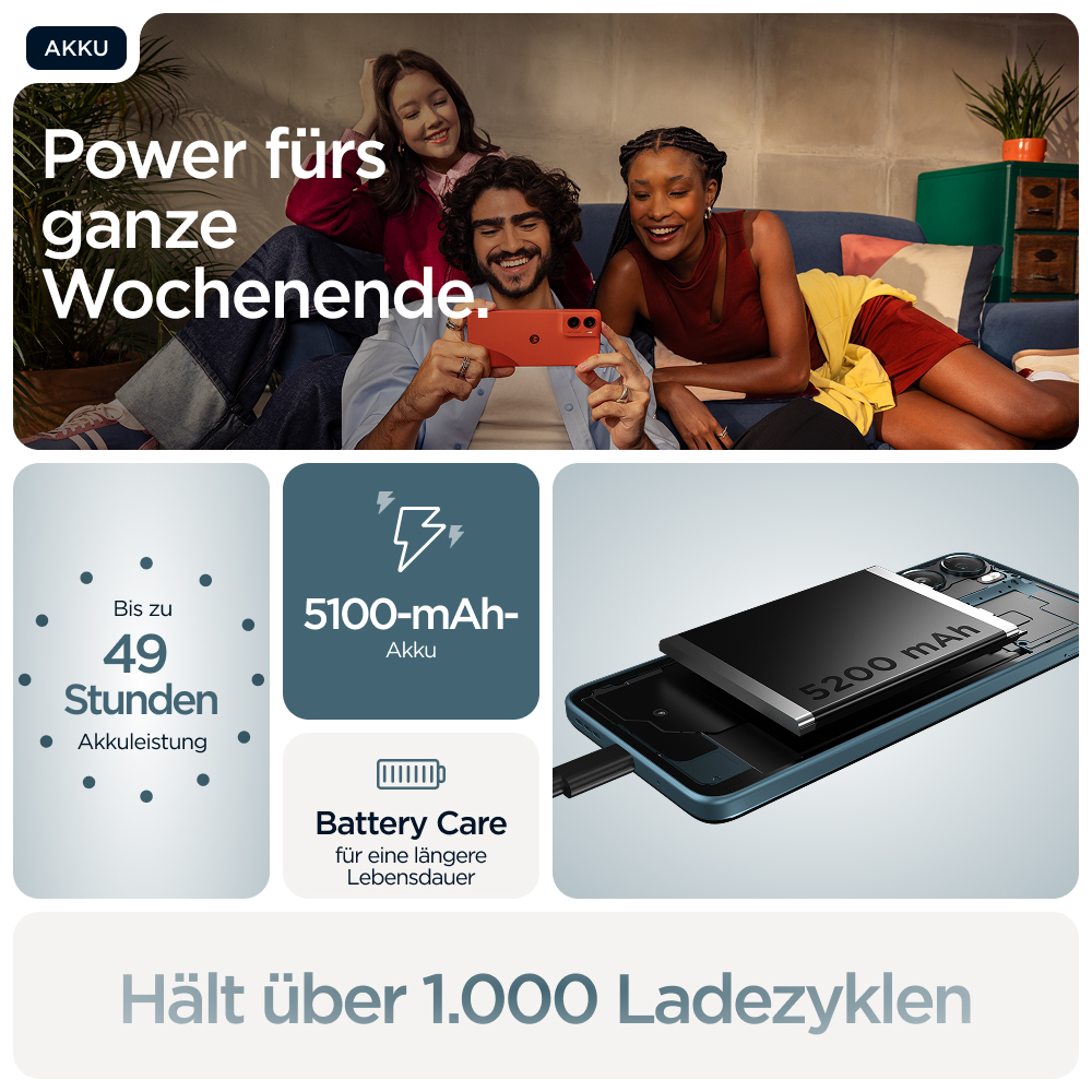 Drei Freunde lachen, während einer ein Handy hält. Akku-Infos sind sichtbar.